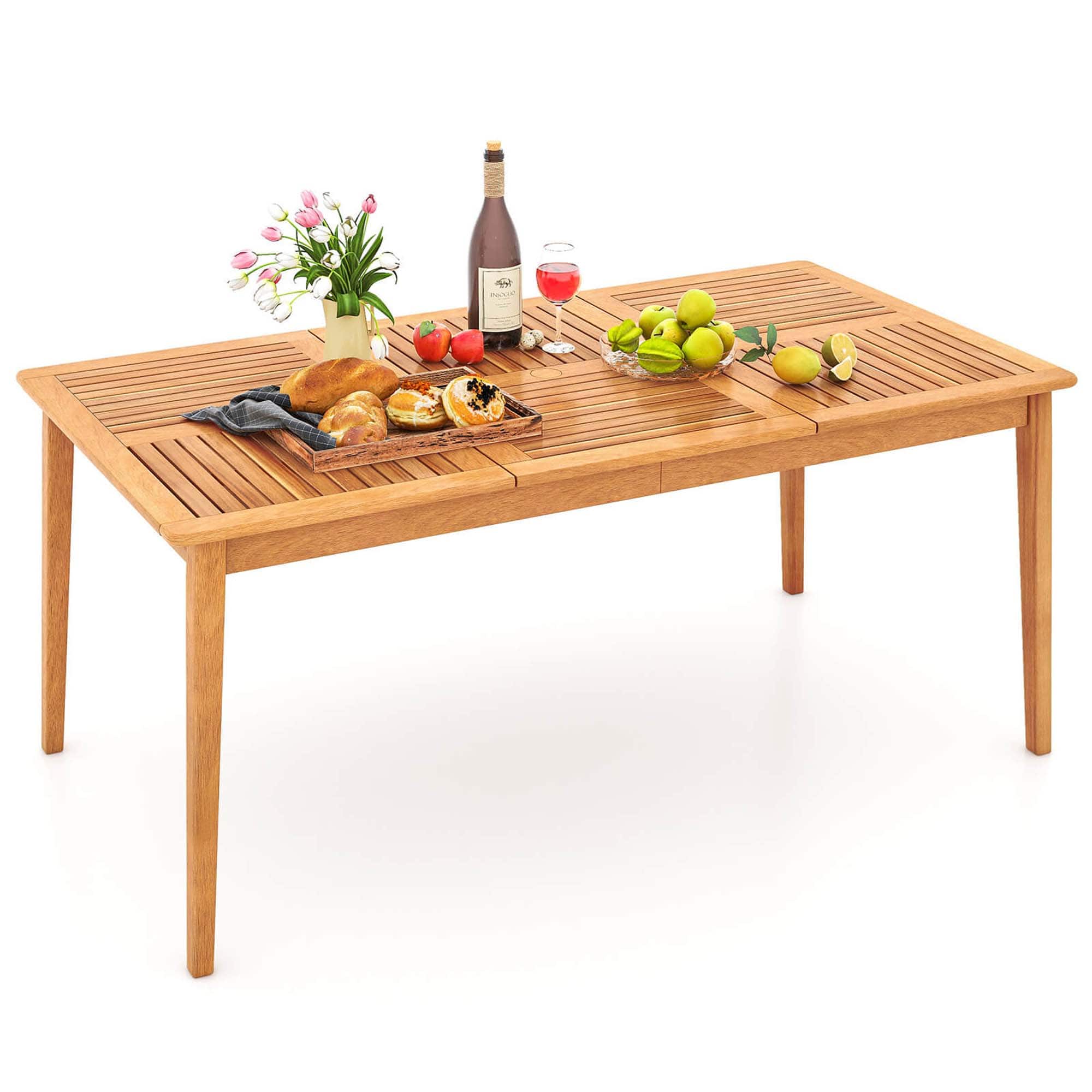 Costway - 6-Person Outdoor Acacia Wood Dining Table with 1.96" Umbrella Hole Rectangular - Brown
