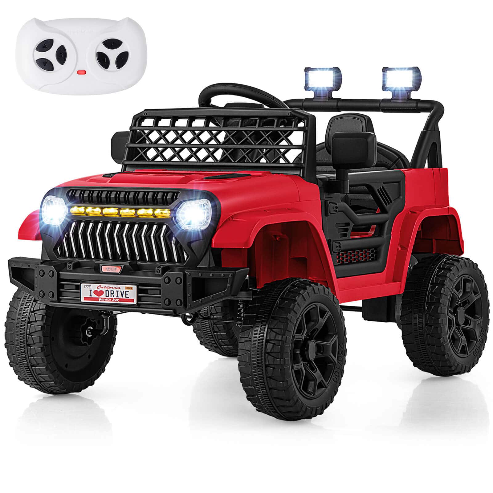 Costway - 12V Kids Ride on Truck Car w/ Parental Remote 3 Speeds LED Lights & Music Player - Red