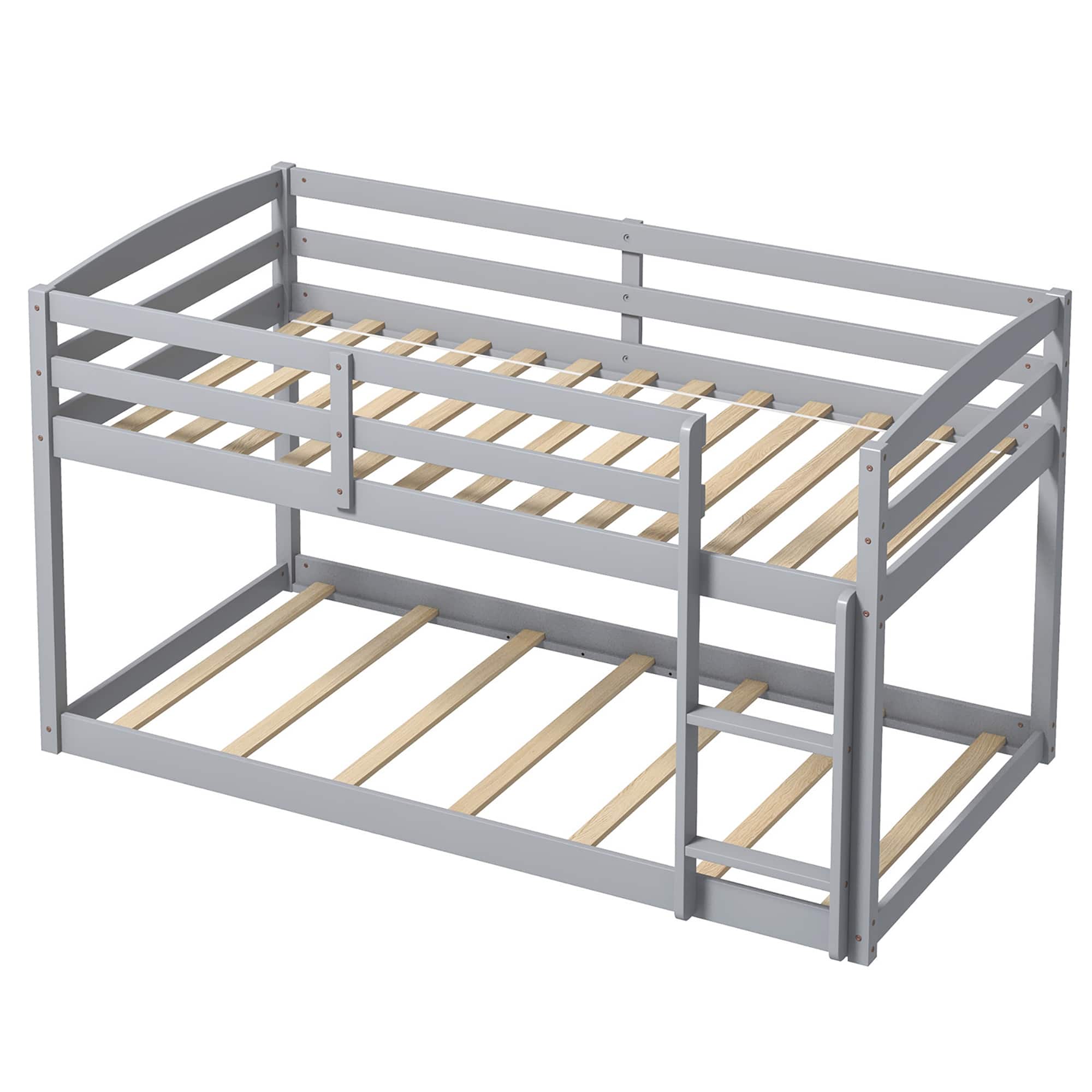 Costway - Twin over Twin Low Bunk Bed with Guardrails Integrated Ladder Kids Wooden - Gray