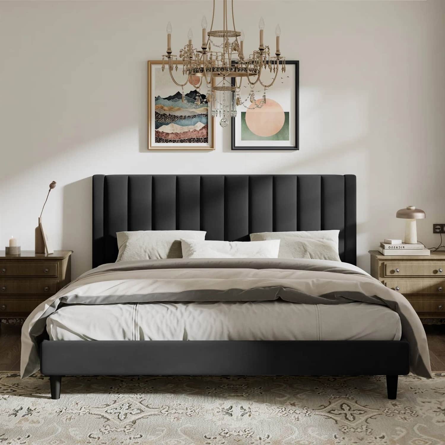 Hivvago - King size Velvet Upholstered Platform Bed Frame with Headboard - Black