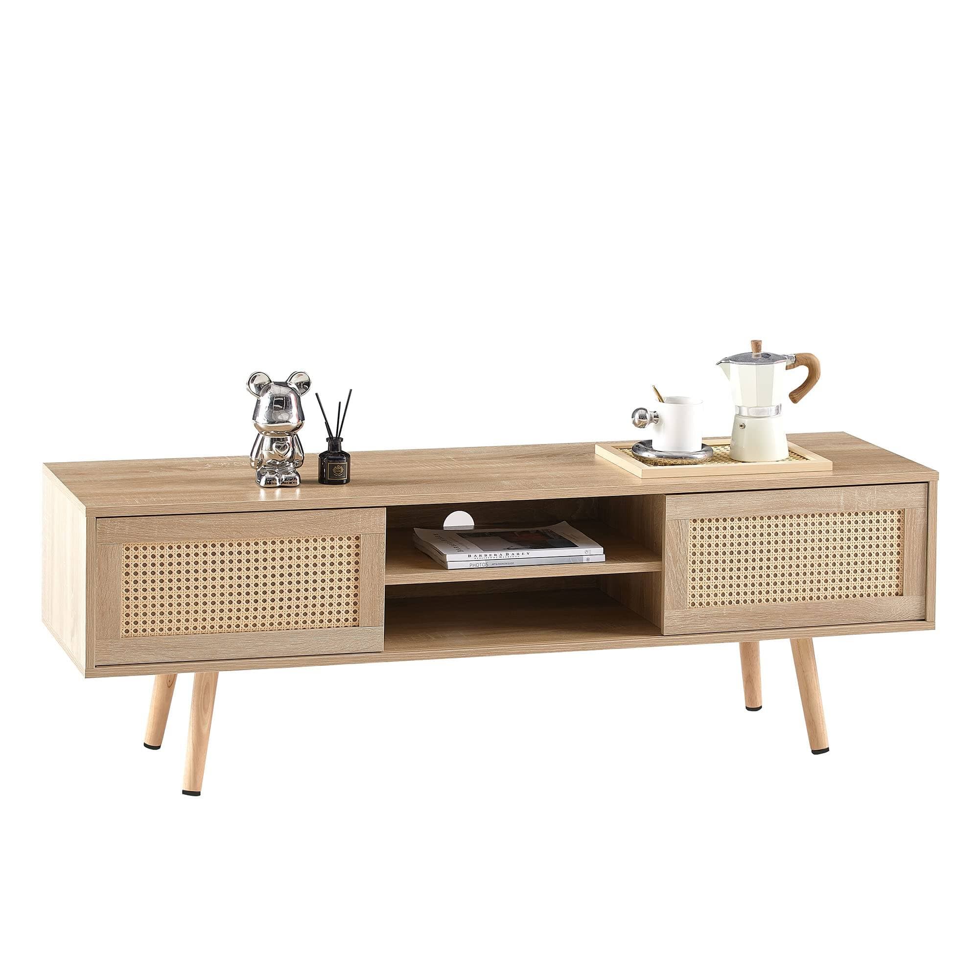 Ecooso - Rattan TV Cabinet 55", Sliding Doors with Adjustable Shelf, Media Console with Solid Wood Legs - Natural