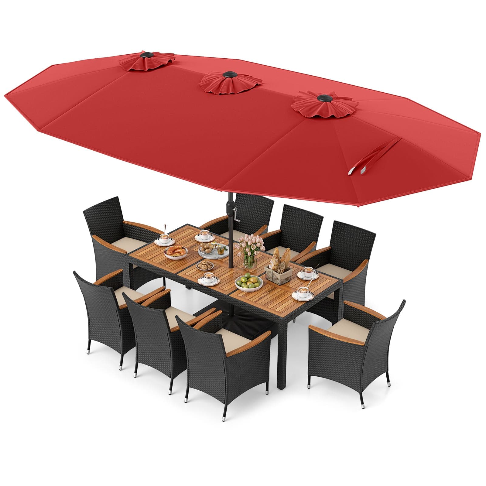 Costway - 11 PCS Patio Wicker Dining Set with Double-Sided Outdoor Umbrella 8 Stackable Chairs - Red,White