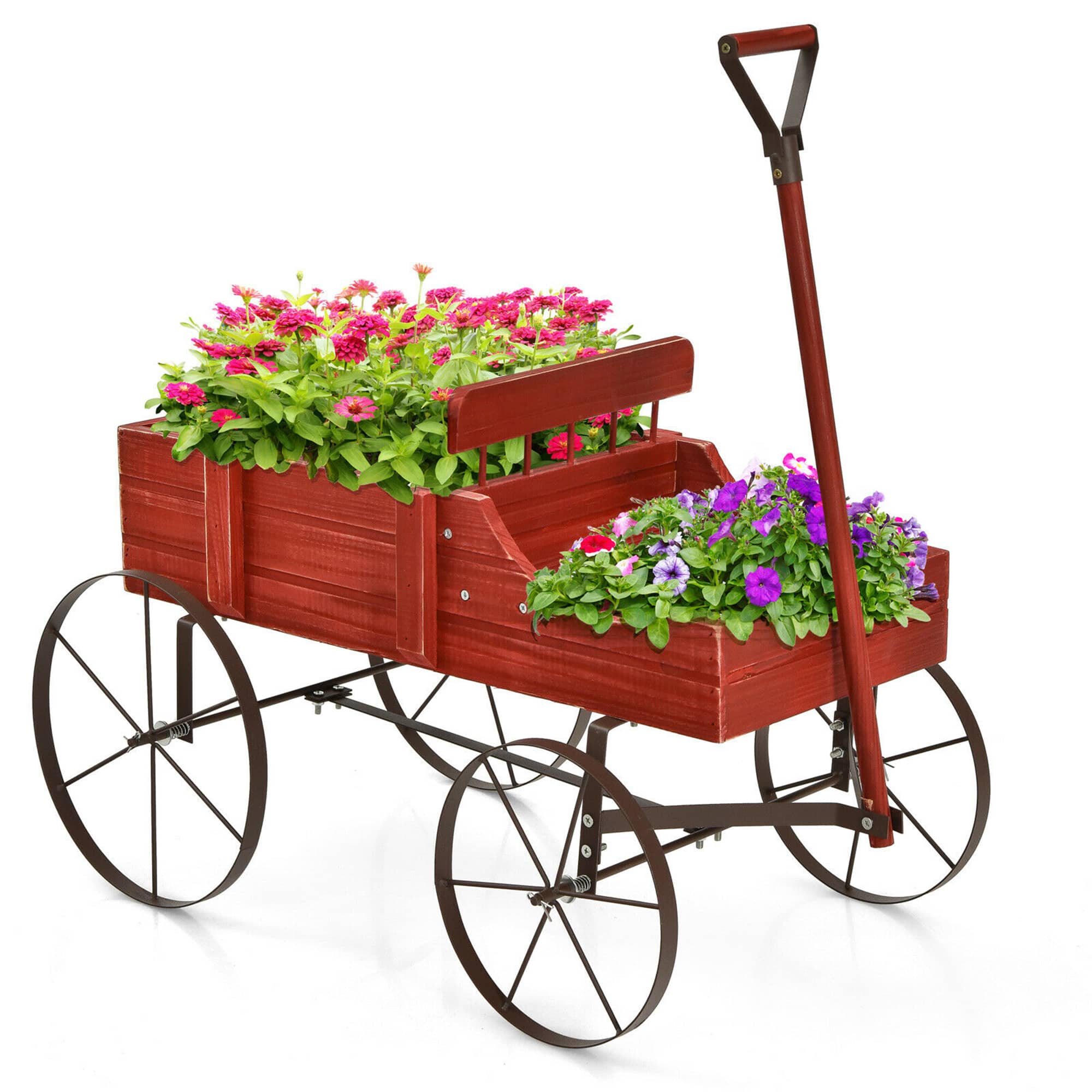 Gymax - Garden Plant Planter Wooden Wagon Planter W/ Wheel Garden Yard - Red