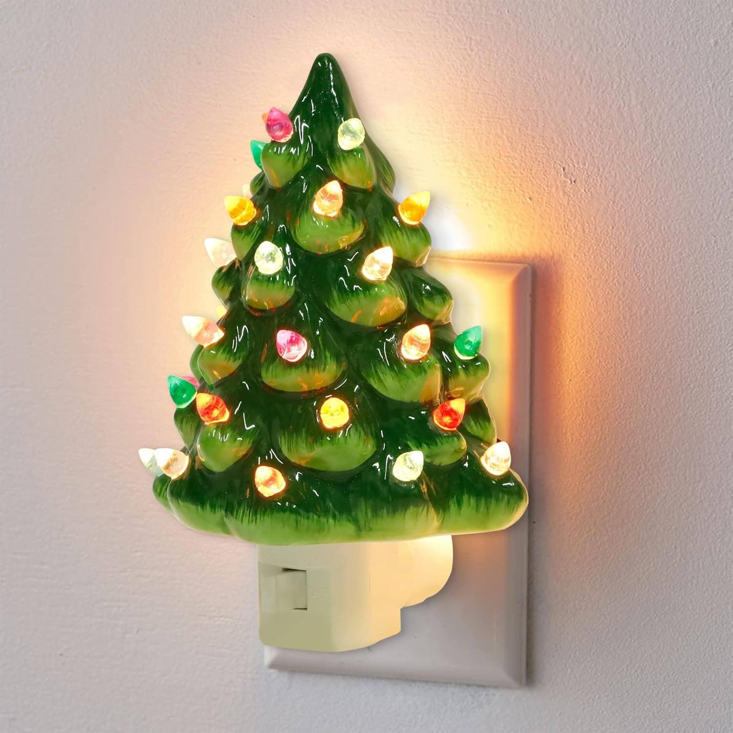 ACJPR - Ceramic Christmas Tree Night Light, Multicolor LED, Plug-In, Swivel Plug - Green