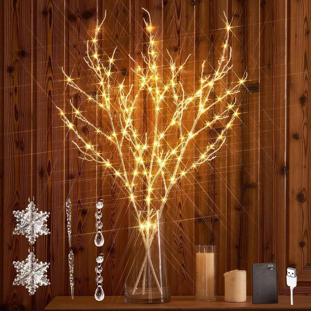 ACJPR - Lighted Twig Branches - 32", 120 LED, White, USB/Battery, Timer - Warm White