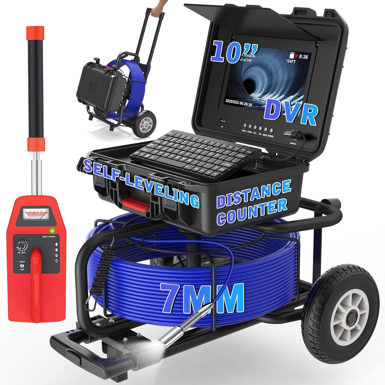 Aukfa - Sewer Camera with Locator - 10" HD Borescope, Self-Leveling, IP68, 200Ft 7MM Cable, DVR, 32GB