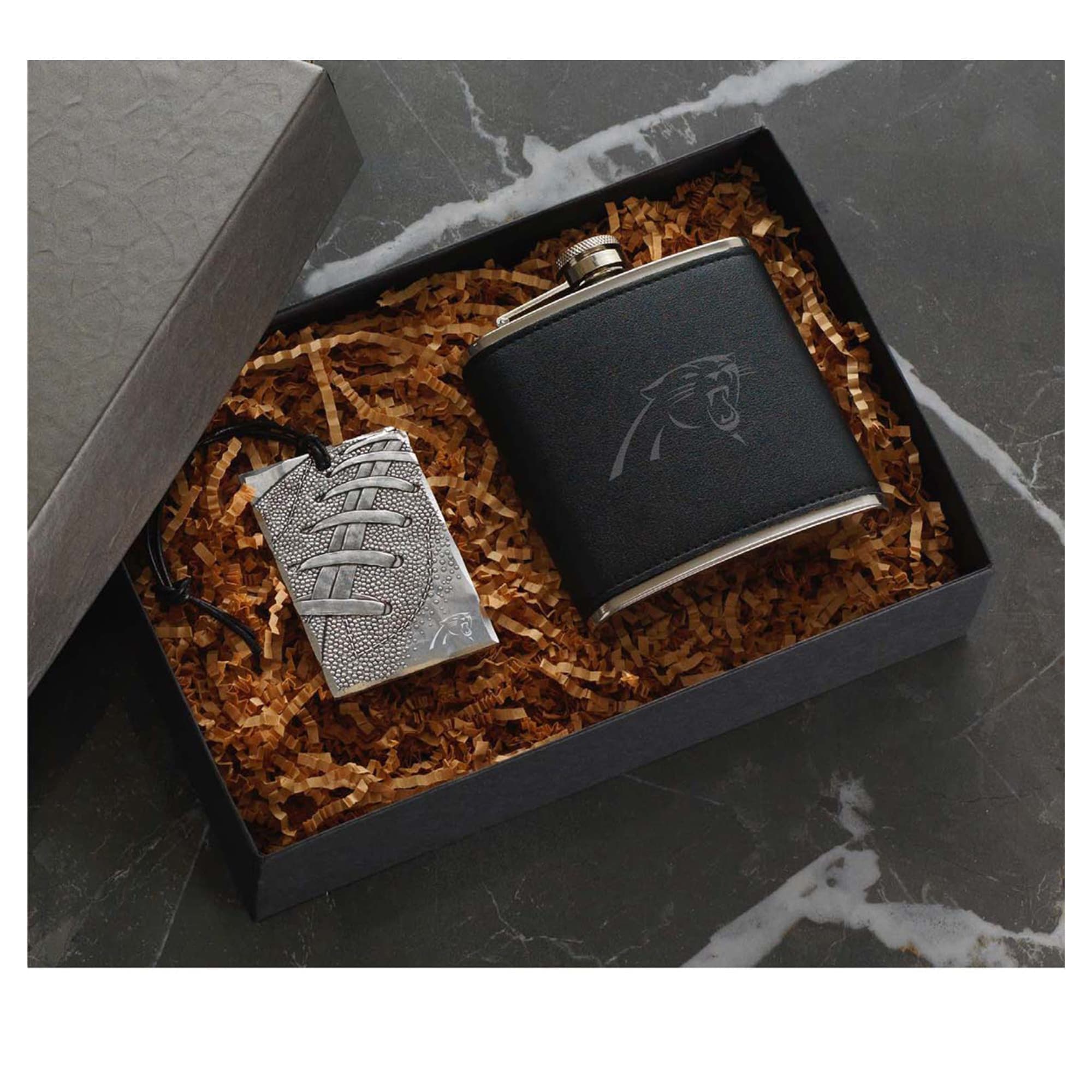Wendell August Forge - Carolina Panthers 5oz.Traveler Flask & Bag Tag Gift Set - Silver