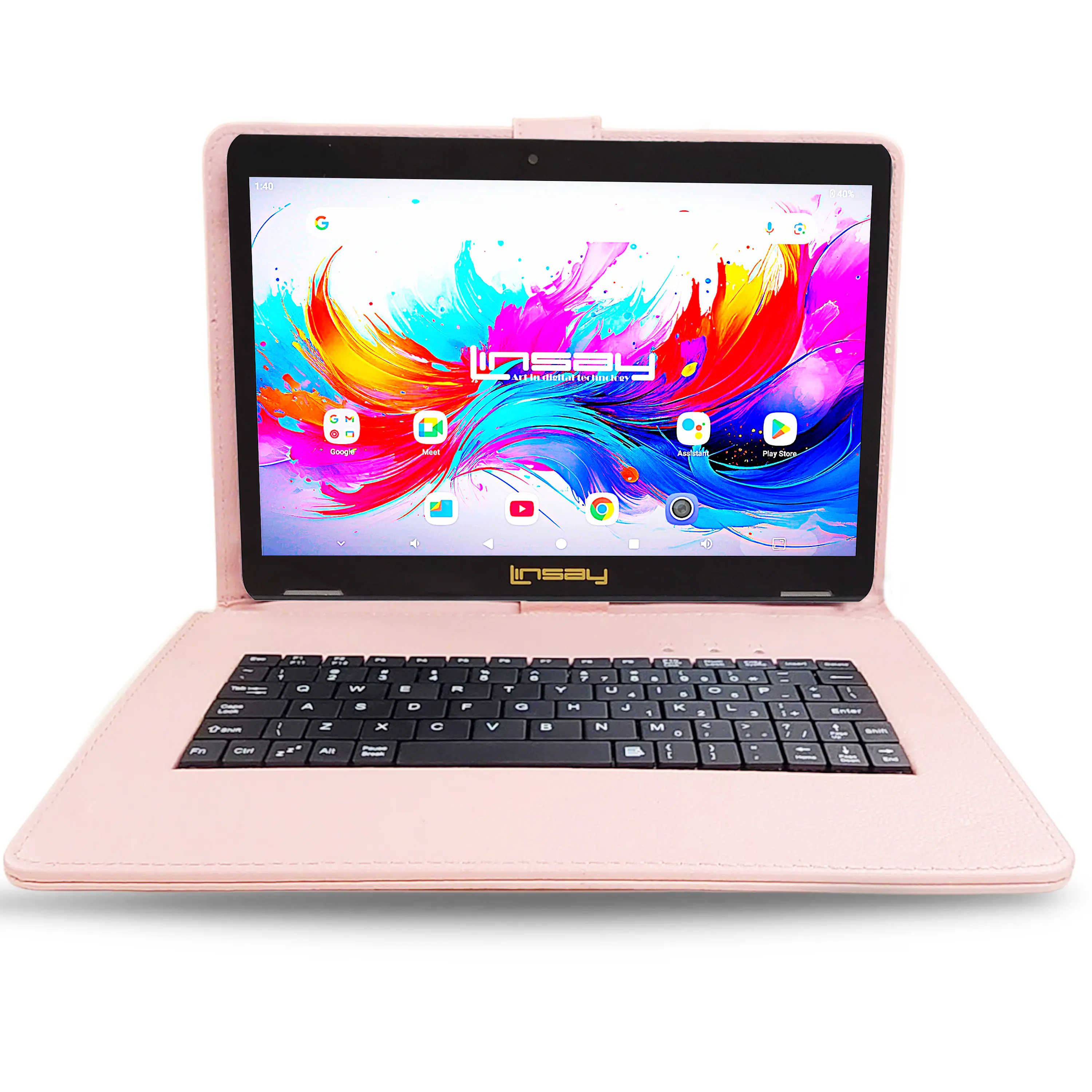 LINSAY - 10.1"Octa Core 256GB Storage Android 15 Tablet with Style Keyboard - Pink