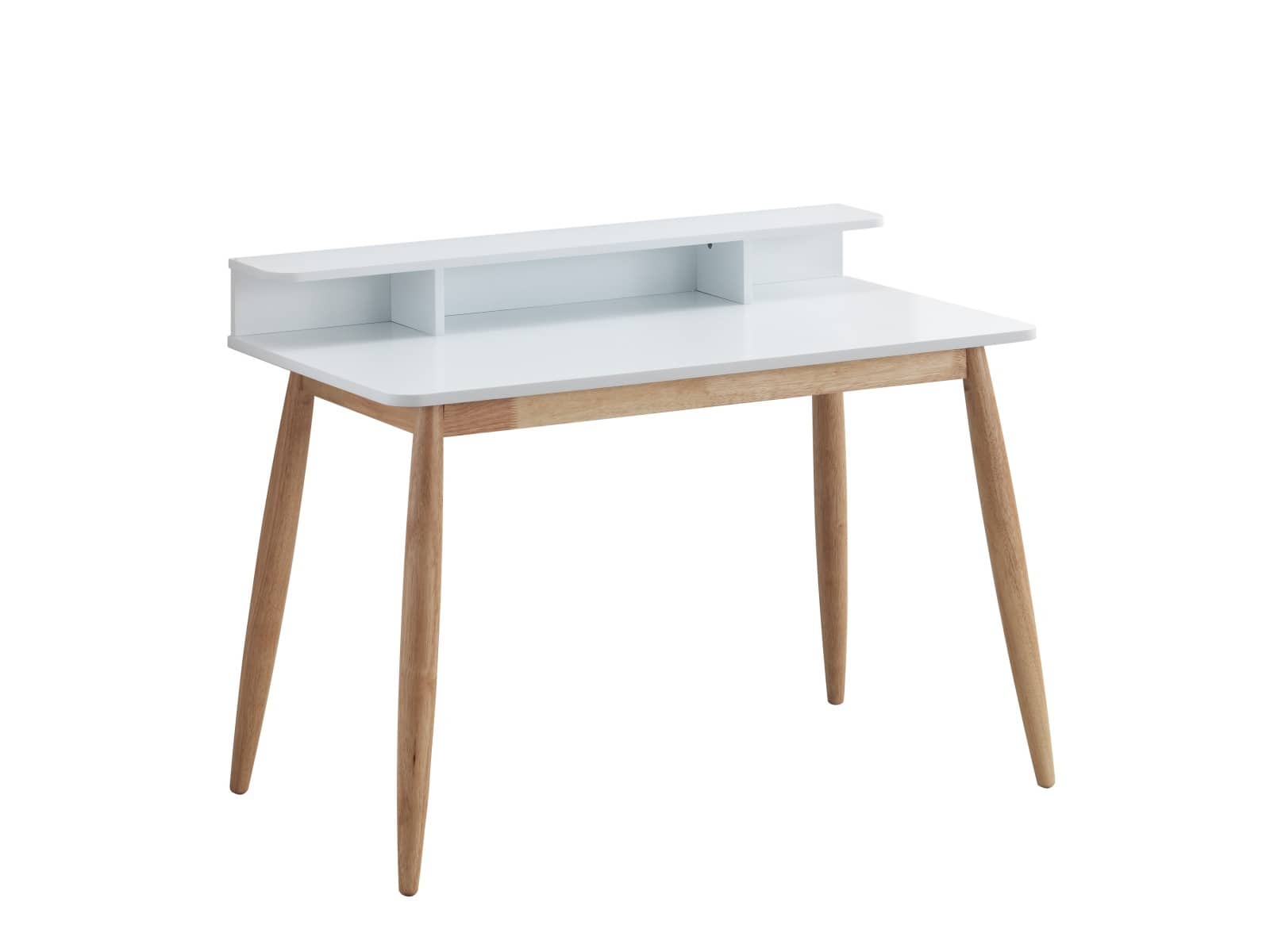 Glintex - Writing Desk with Hutch and 3 Open Shelves, Rounded Angled Rubber Wood Legs, MDF Top, Home Office Study Table 43" Wide - White