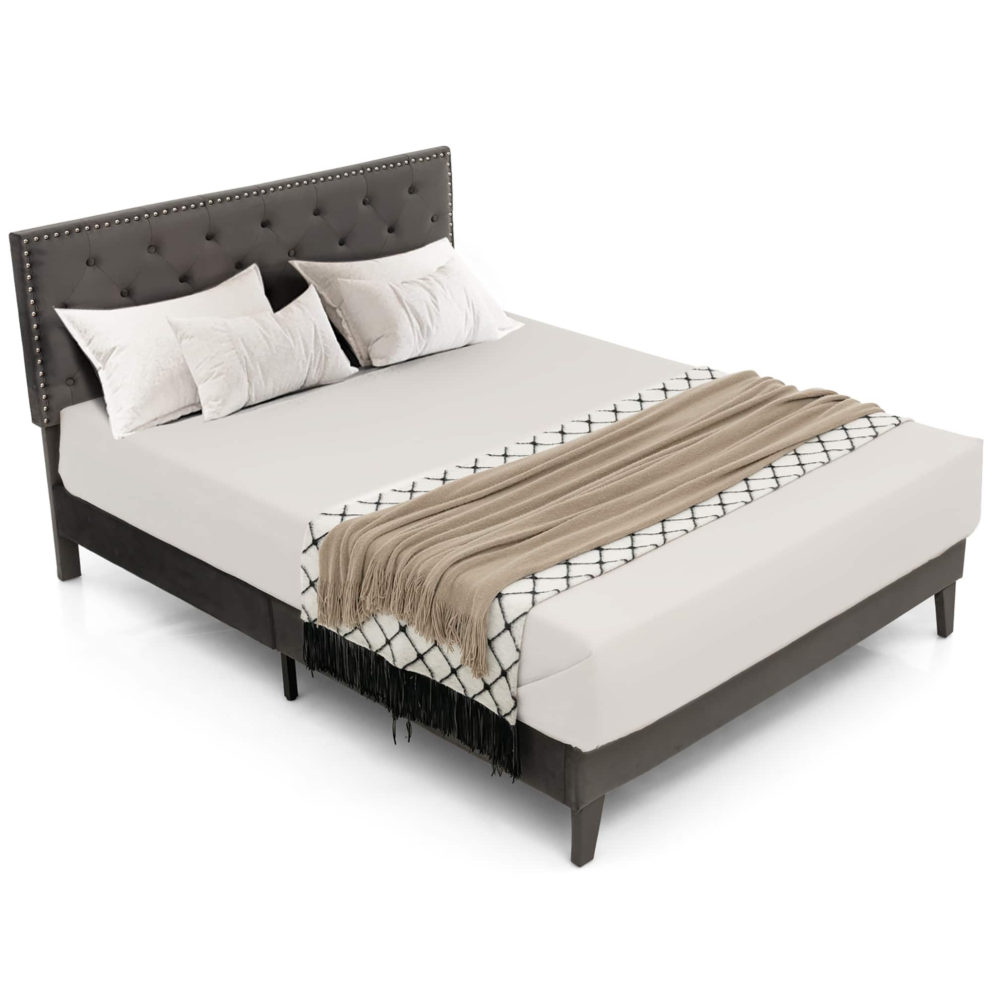 Costway - Queen Bed Frame Upholstered Platform Bed with Tufted Headboard Mattress Foundation - Gray