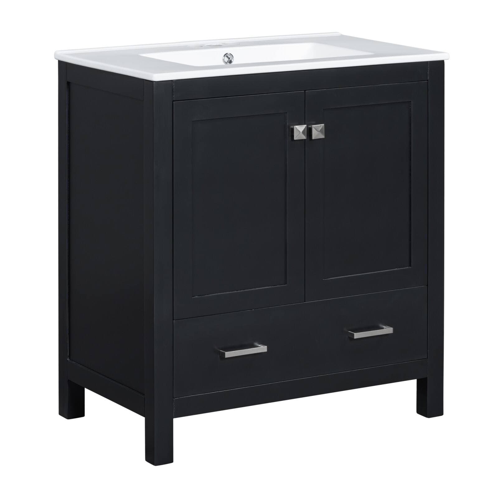 30-Inch Bathroom Vanity with Ceramic Sink, Solid Wood Frame, Divided Drawer and Built-In Door Shelves