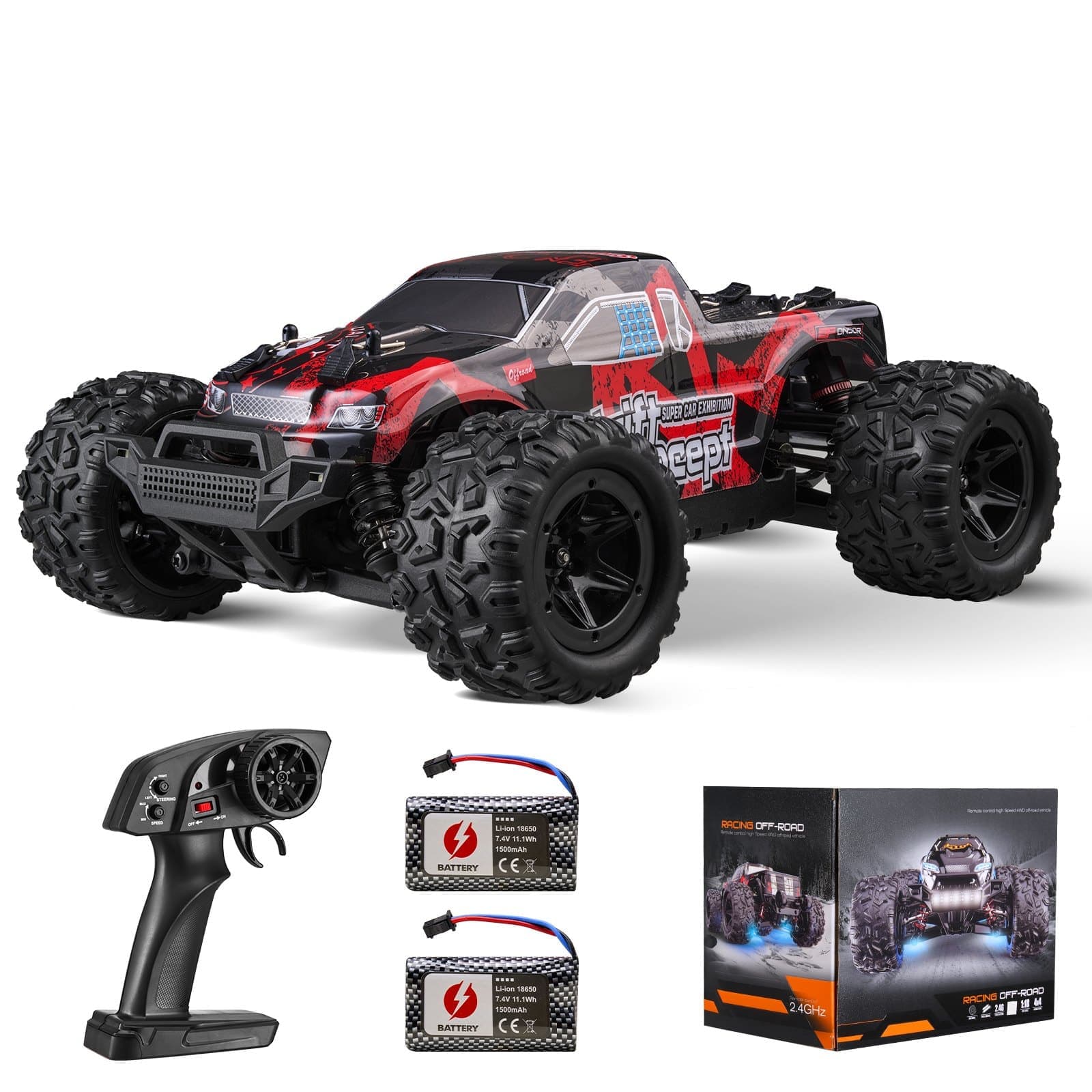 Glintex - RC Car 1:18 Scale 4WD Off-Road Monster Truck with 45° Wheelie & 2 Batteries, 36km/h Hobby Racing Toy for Kids 8+
