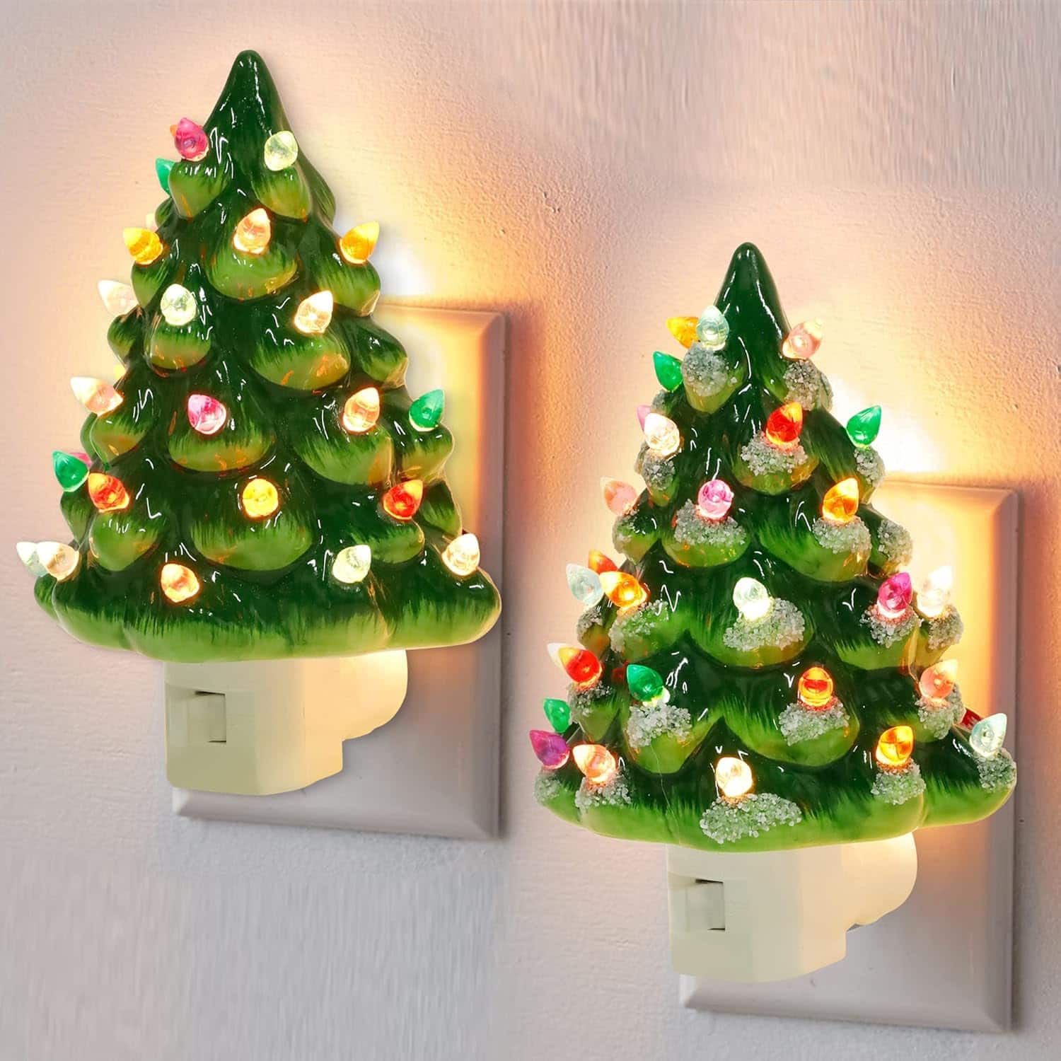 ACJPR - 2-Pack Ceramic Christmas Tree Night Lights, Multicolor LED, Plug-In, Swivel - White