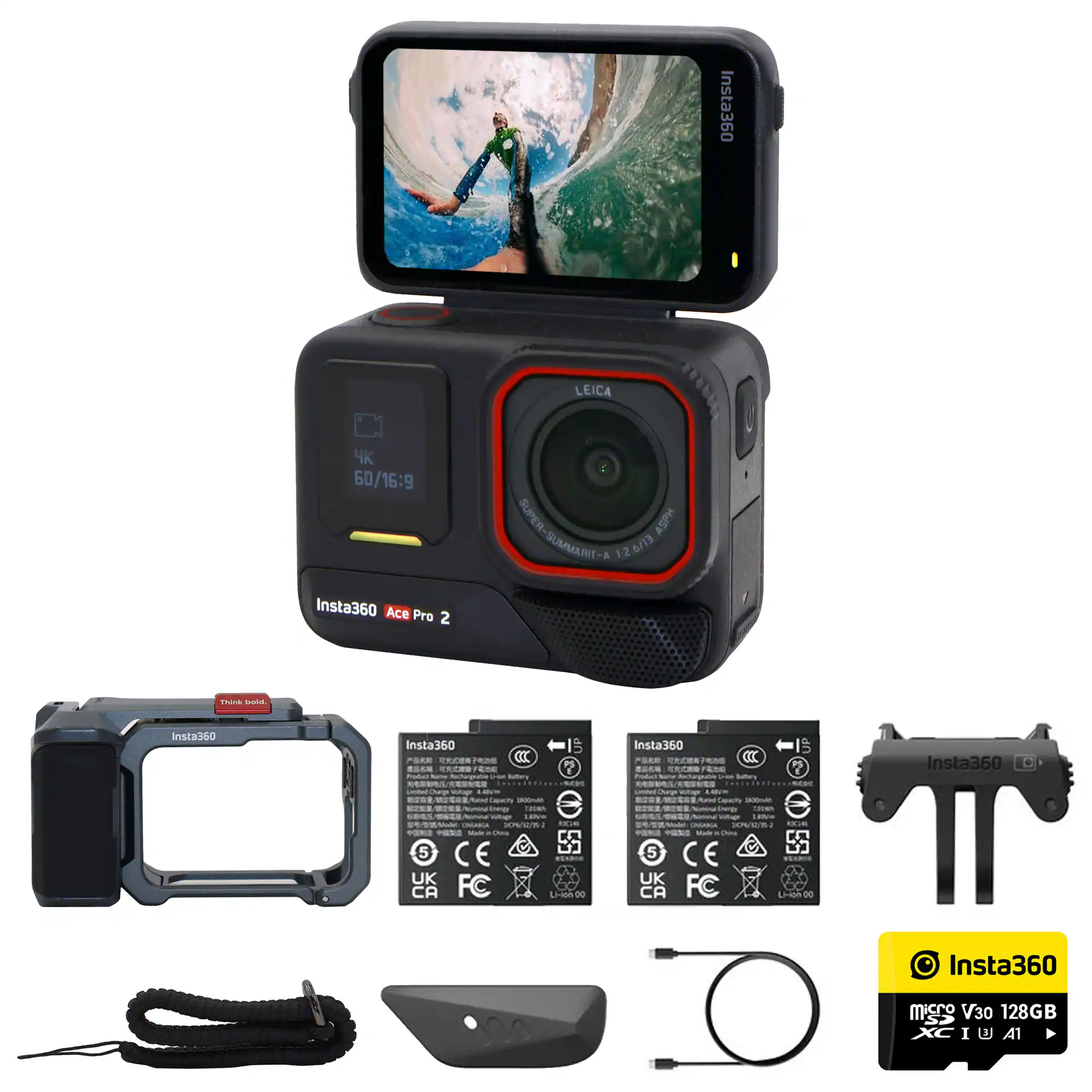 Insta360 - Ace Pro 2 Xplorer Dual Battery Waterproof Action Camera Bundle with 128GB Card - Black