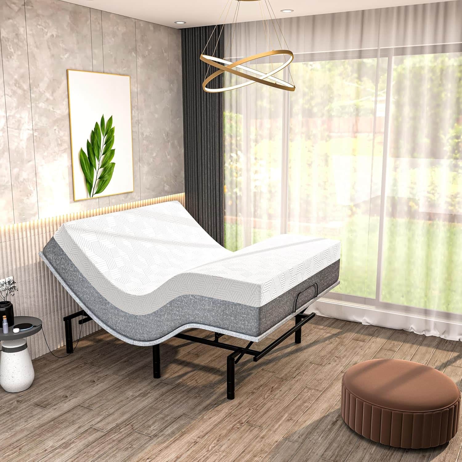 Renanim - SF Queen Adjustable Bed with Mattress - 14" Cooling Gel Memory Foam Mattress, Massage, Zero Gravity Electric Bed - Gray