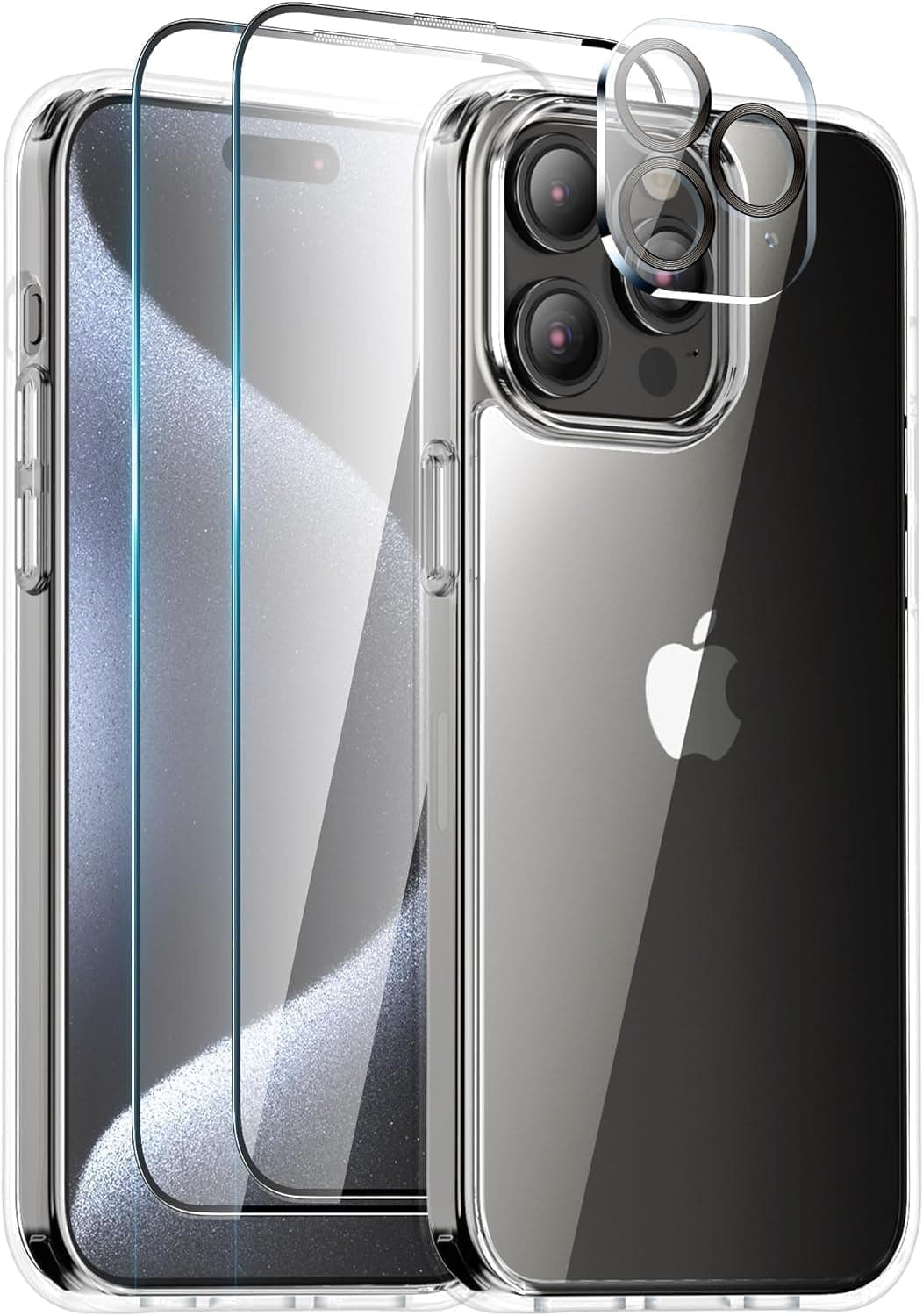 Entronix - Comprehensive Protection Bundle for iPhone 15 Pro - Case, Screen Protectors, and Camera Lens Protector - Clear