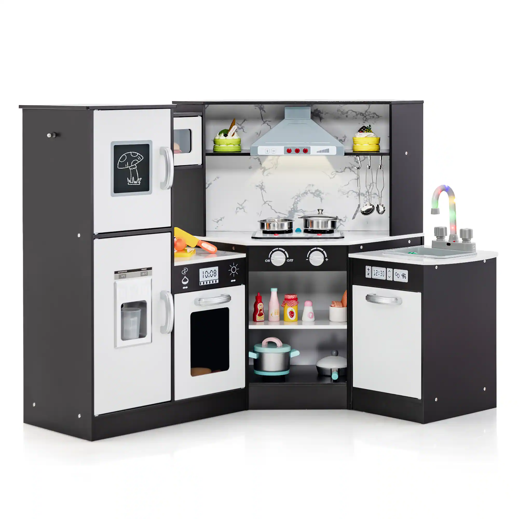 Gymax - Kids Corner Kitchen Playset Wooden Pretend Play Toy with Microwave - Coffee