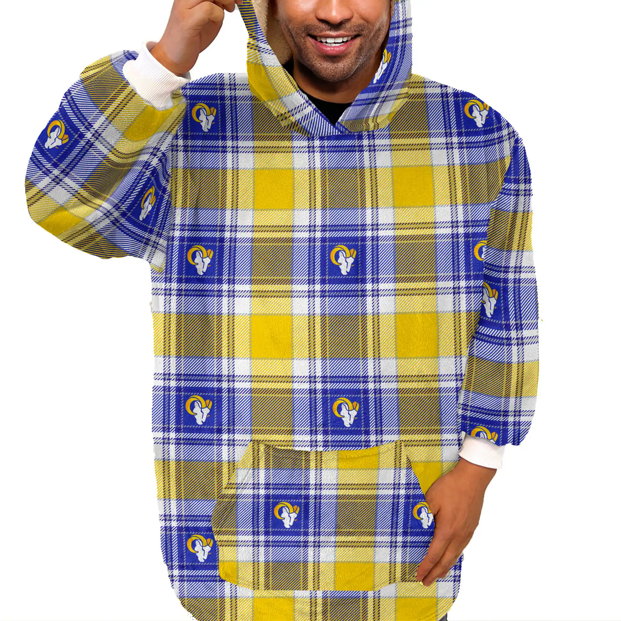 Pegasus - Los Angeles Rams Plaid Logo Box Bloncho with Sherpa Inside - Multicolor