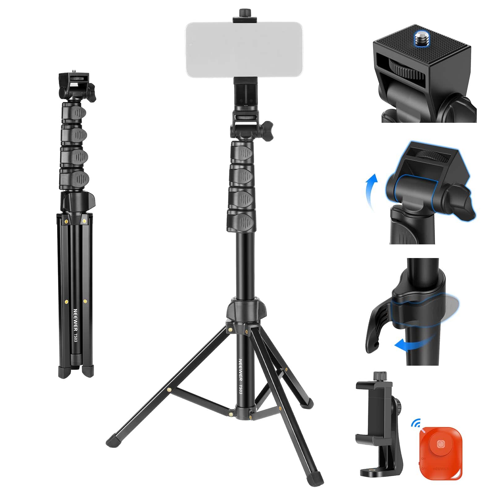 Neewer - 66" Phone Tripod & Selfie Stick with Remote, Metal Stand with Phone Holder for iPhone & Camera Video