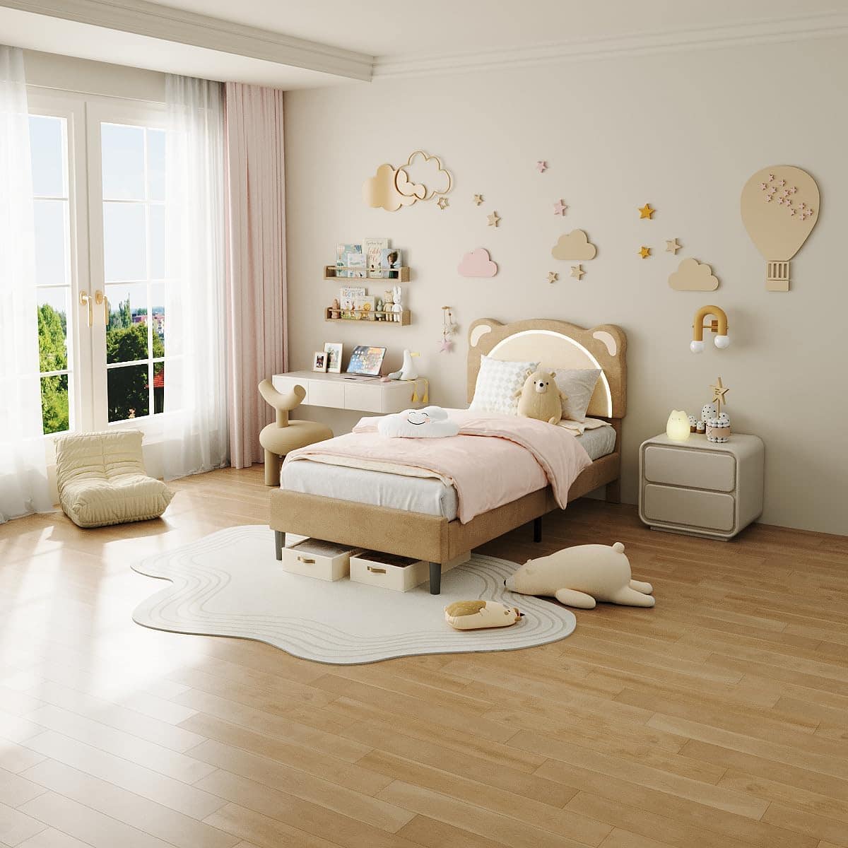Acekool - Twin XL Upholstered Bed for Kids - Adjustable Headboard with LED Light, Wooden Slats, No Box Spring, Coffee - Brown