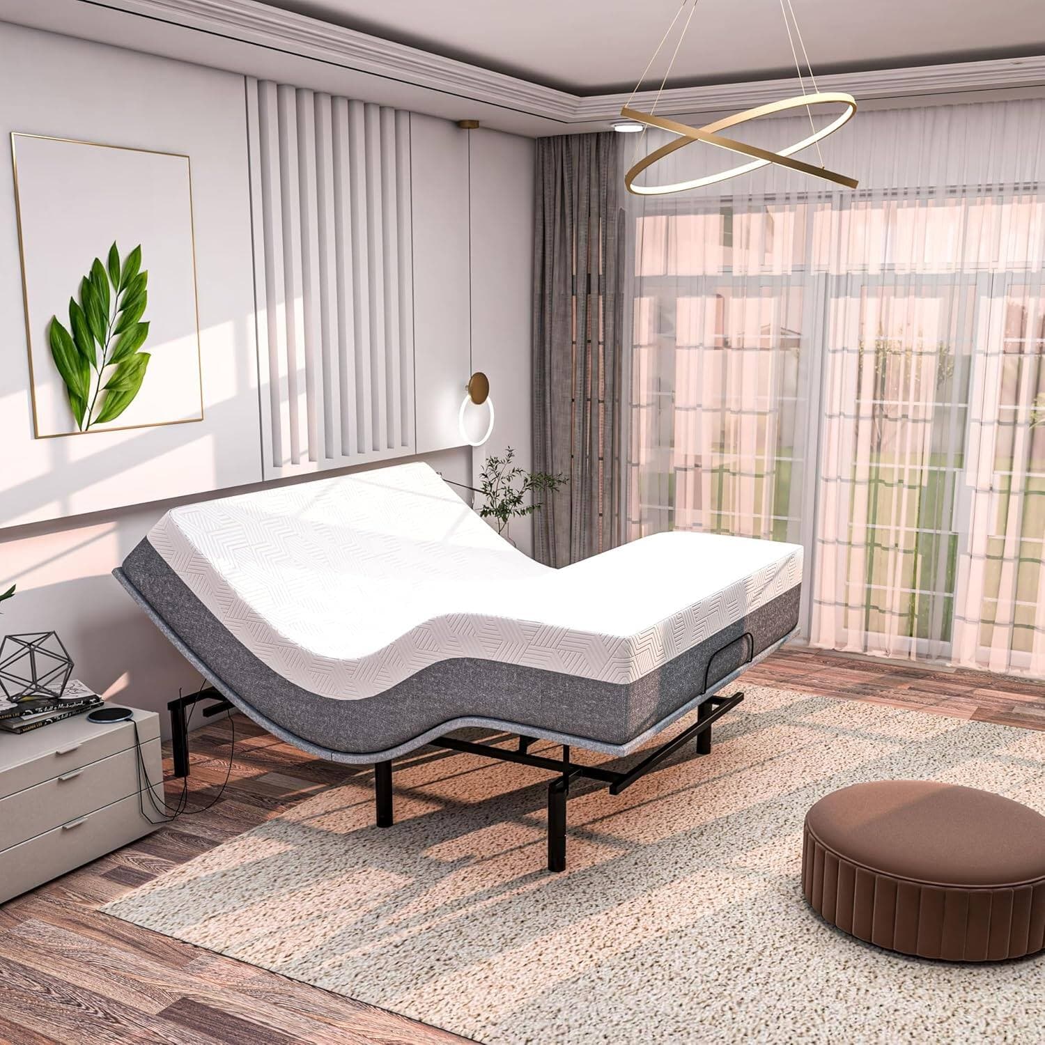 Renanim - SF Full Adjustable Bed with Mattress - 12" Cooling Gel Memory Foam Mattress, Massage, Zero Gravity Electric Bed - Gray