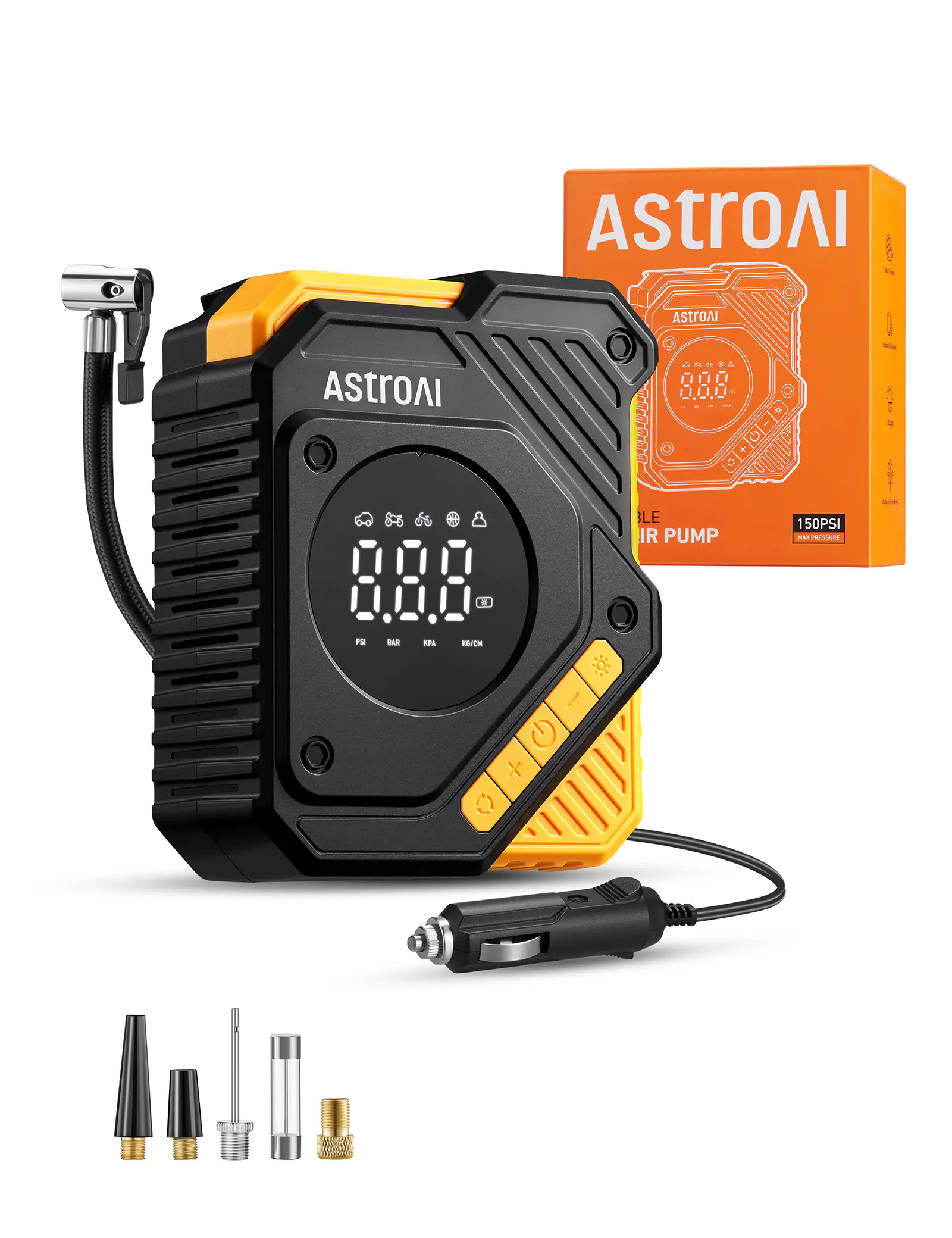 AstroAI - Digital 12V Car Tyre Inflator, 150 PSI Air Compressor with Auto Shutoff for Cars, Bikes and Inflatables - Black