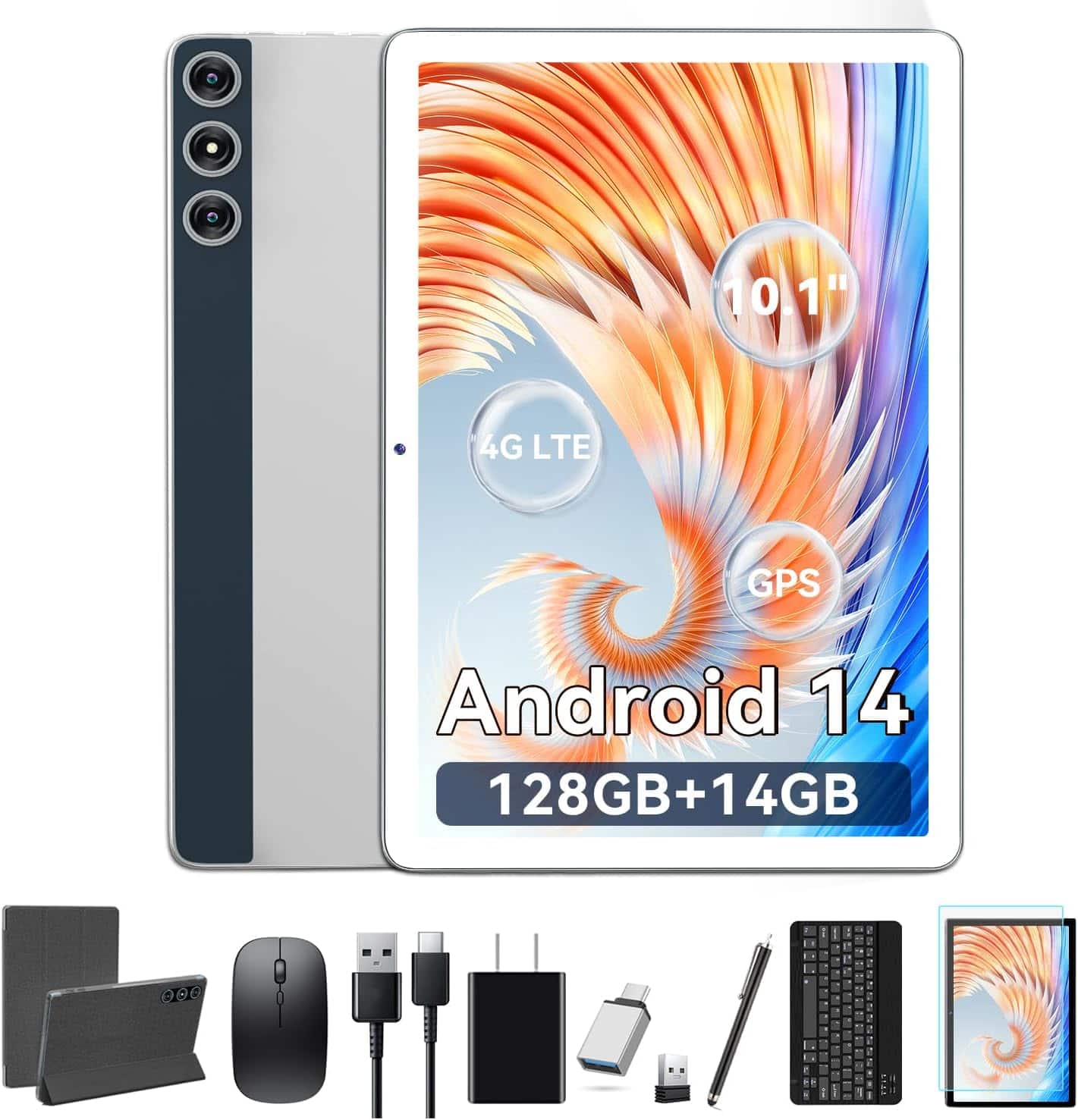 FEONAL - Tablet 10.1 Inch Android 14, Octa-Core, 128GB ROM 14GB RAM, 2025 Newest Tab with Keyboard Bundle 1TB Expand 13MP+8MP - Silver