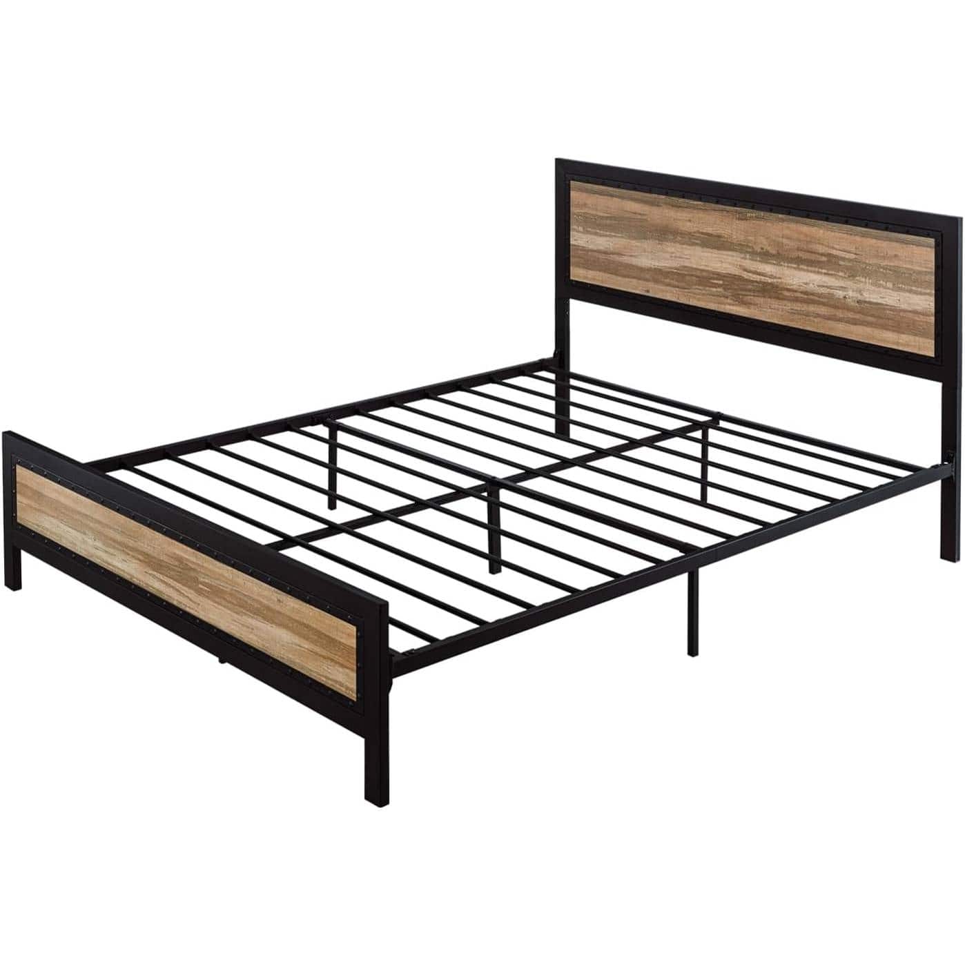 Hivvago - Full Industrial Metal Wood Rivet Platform Bed Frame w/ Headboard and Footboard - Natural