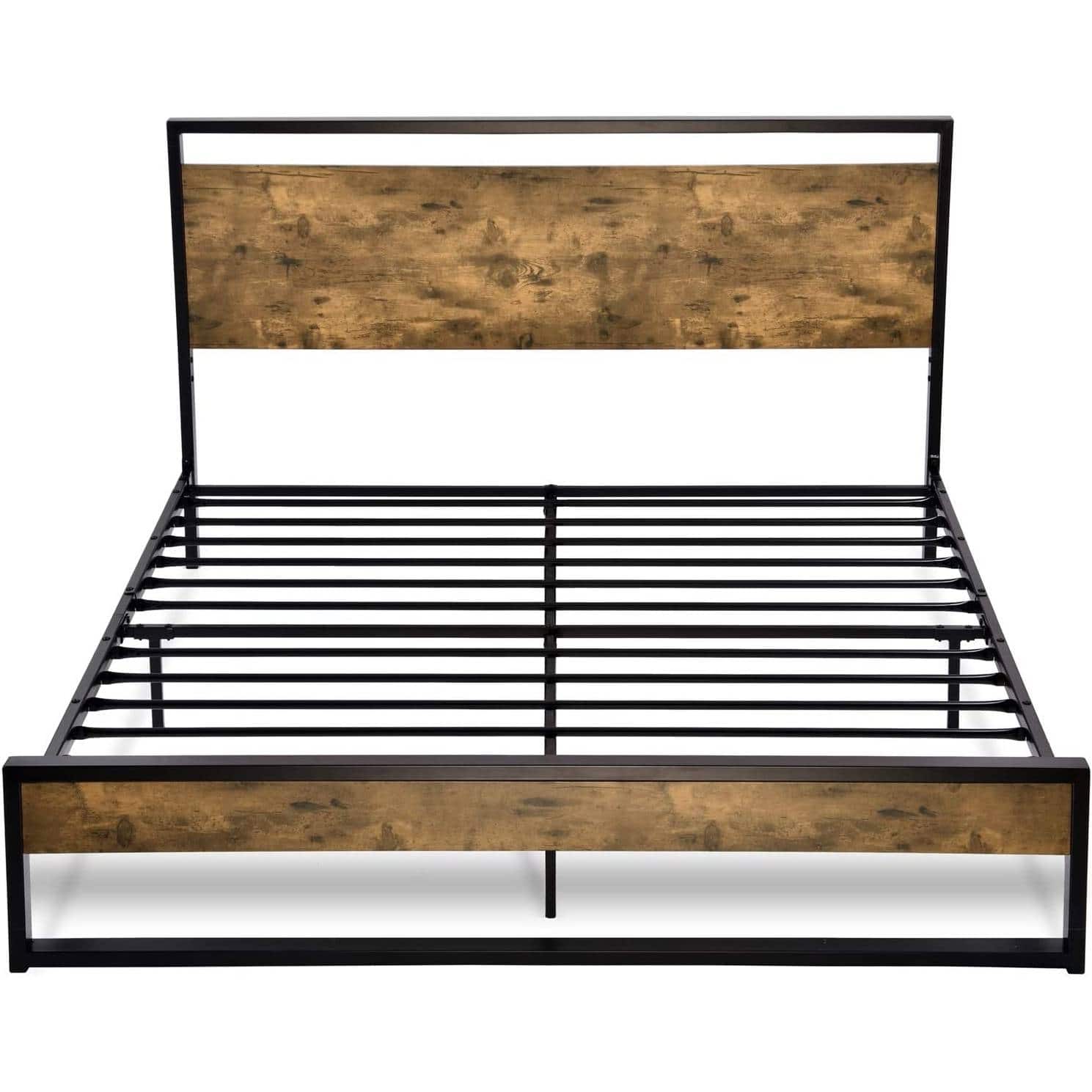 Hivvago - Queen size Metal Wood Platform Bed Frame with Industrial Headboard - Black,Rustic Brown