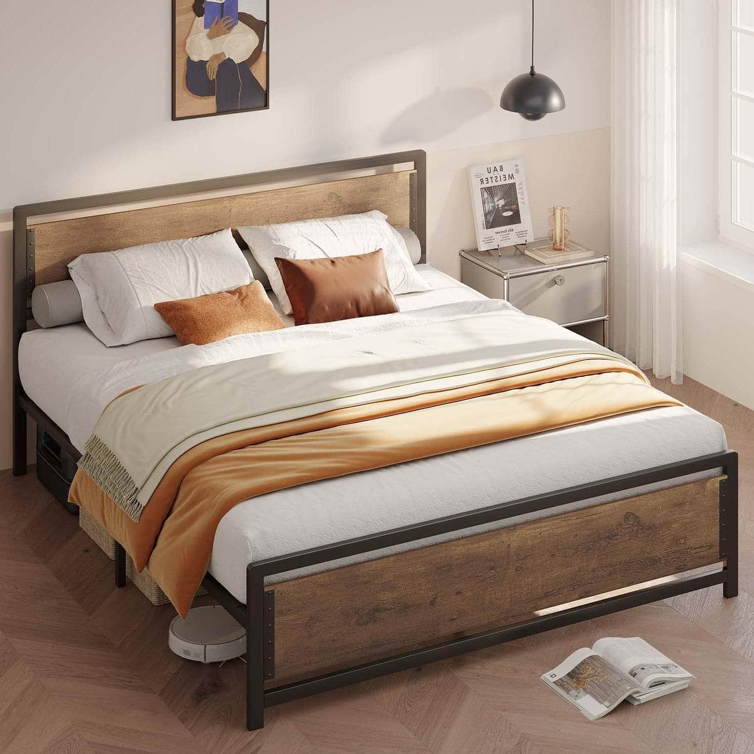 Hivvago - Queen Modern Metal Wood Industrial Platform Bed Frame with Headboard Footboard - Black