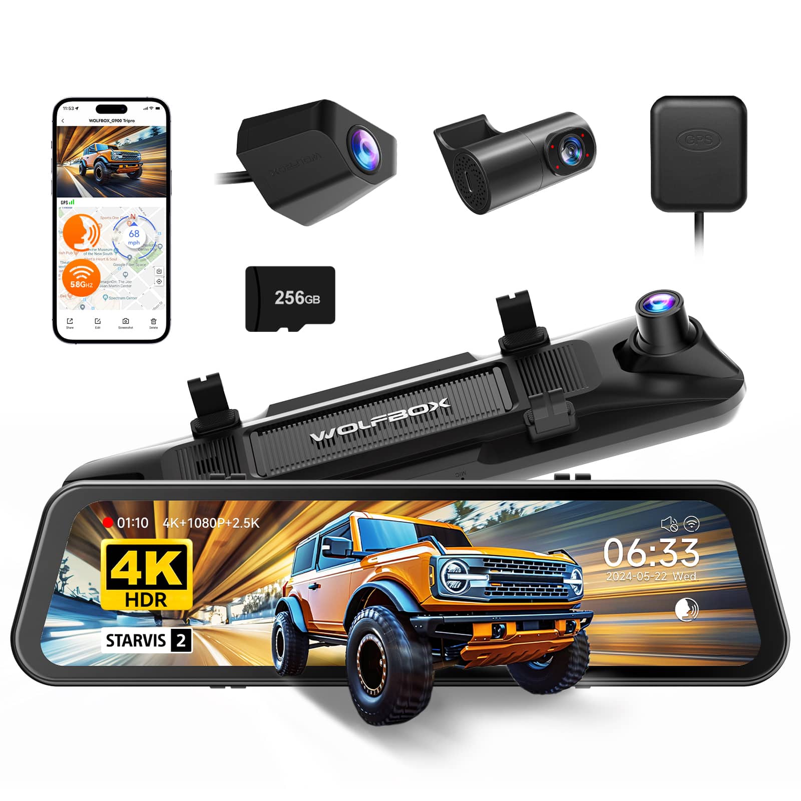 WOLFBOX - 3 Channel 4K Mirror Dash Cam, STARVIS 2 Sensor Night Vision, 5.8GHz WiFi, GPS, WDR, HDR, Free 256GB Card - Black