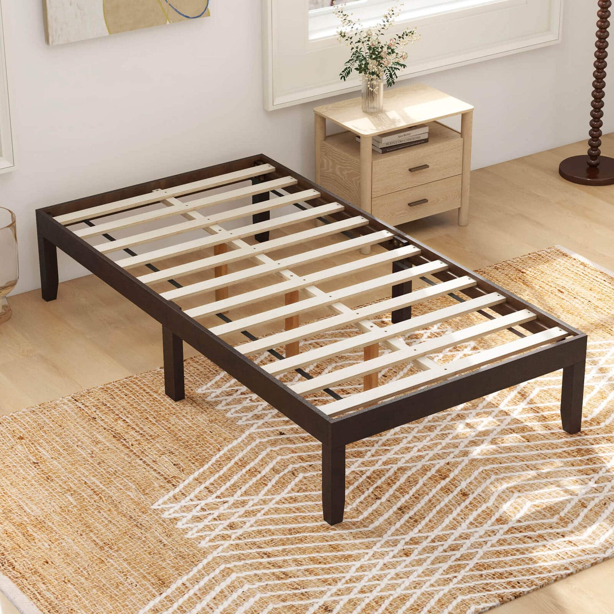 Costway - Twin Size Wooden Platform Bed Frame 14" with Rubber Wood Legs Under-bed Storage - Brown