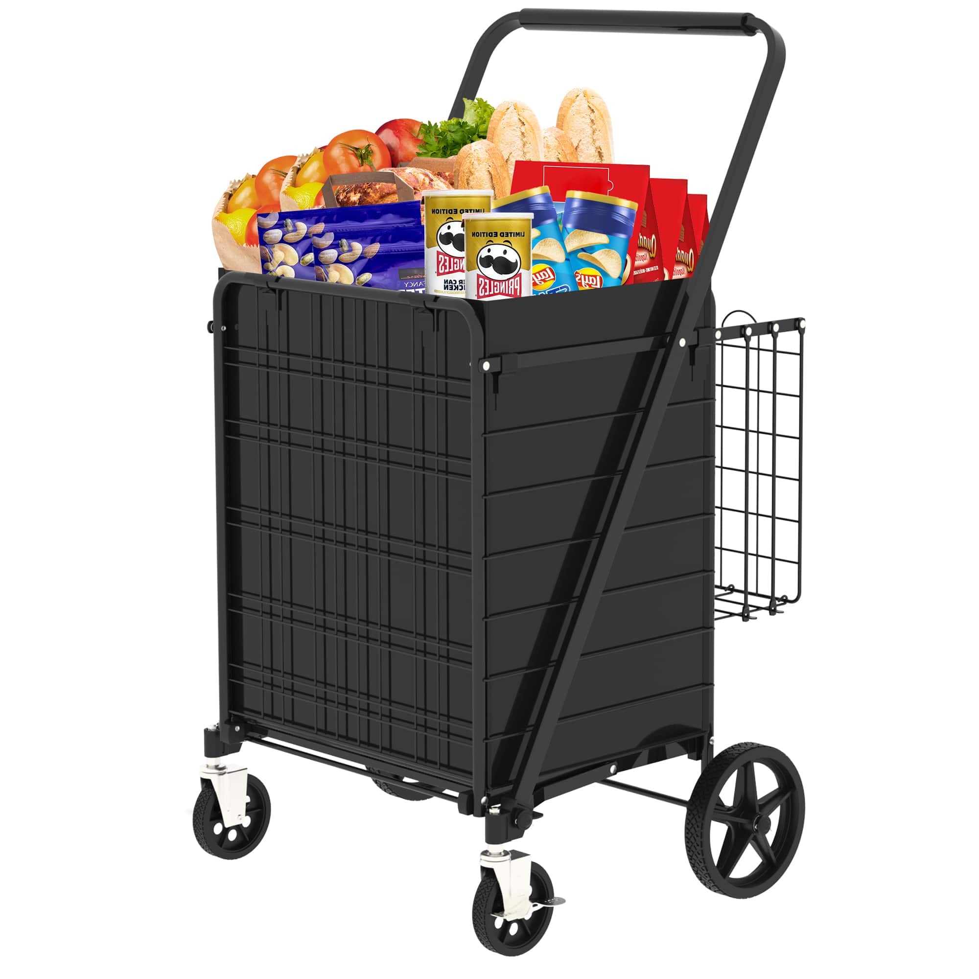 Glintex - Large Shopping Cart with Brake, Foldable Utility Shopping Carts with Double Basket and 360° Rolling Swivel Wheels - Antique Black