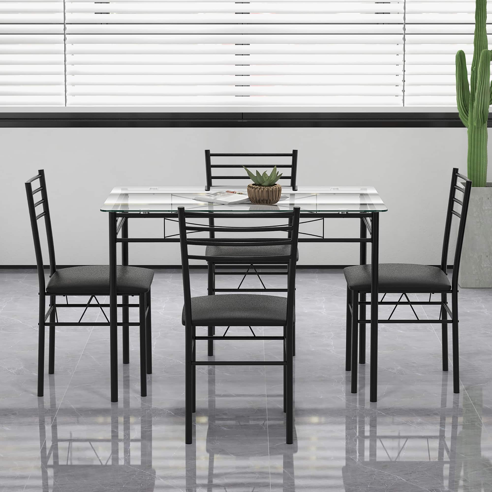 Gymax - 5 Piece Dining Set Glass Top Table & 4 Upholstered Chairs Kitchen Room Furniture - Gray
