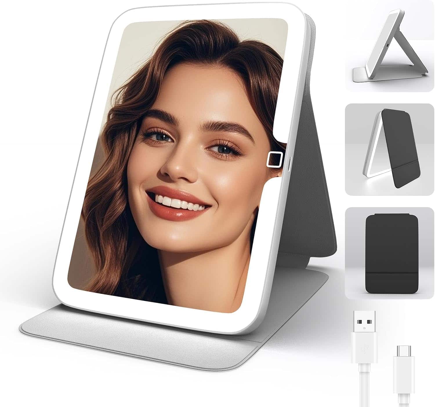 Stamp n Camp - Travel Makeup Mirror with Light, Portable LED Lighted Make Up Stand, Folding Light Cosmetic Vanity for Desk, Dimmable - Black