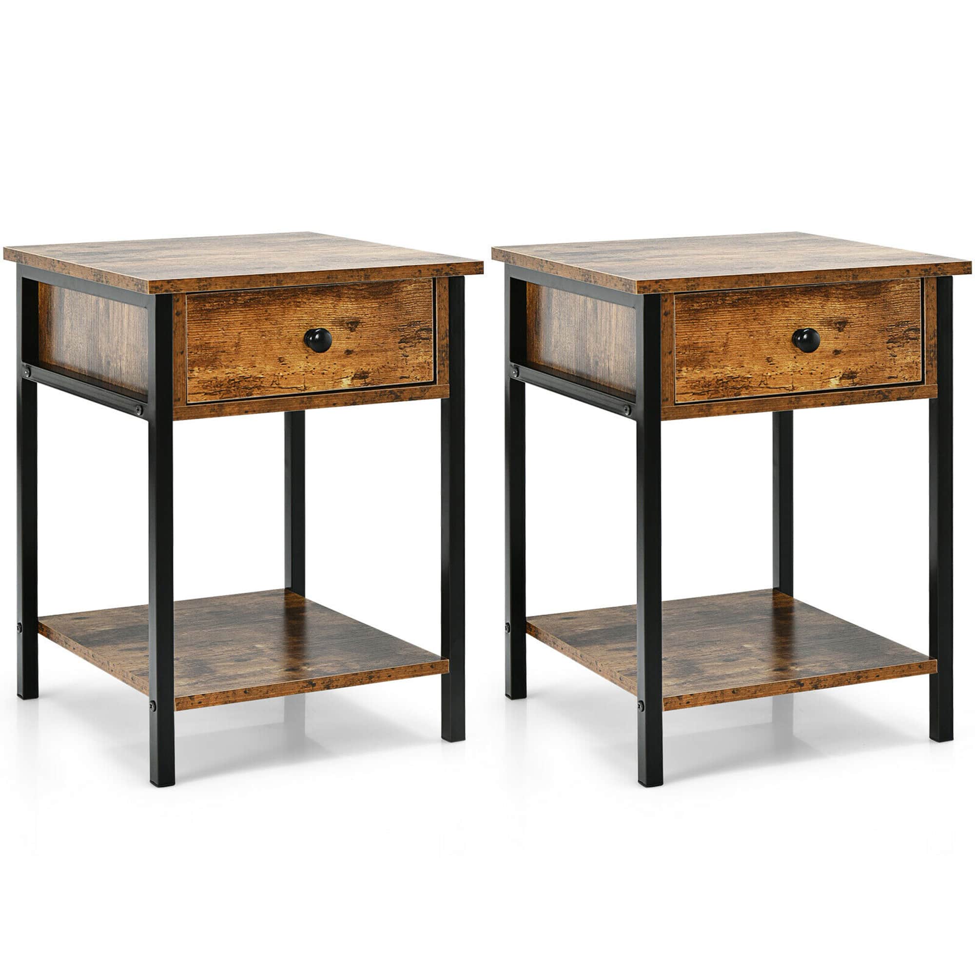 Gymax - 2PCS Industrial End Side Table Nightstand with Drawer Shelf - Rustic Brown