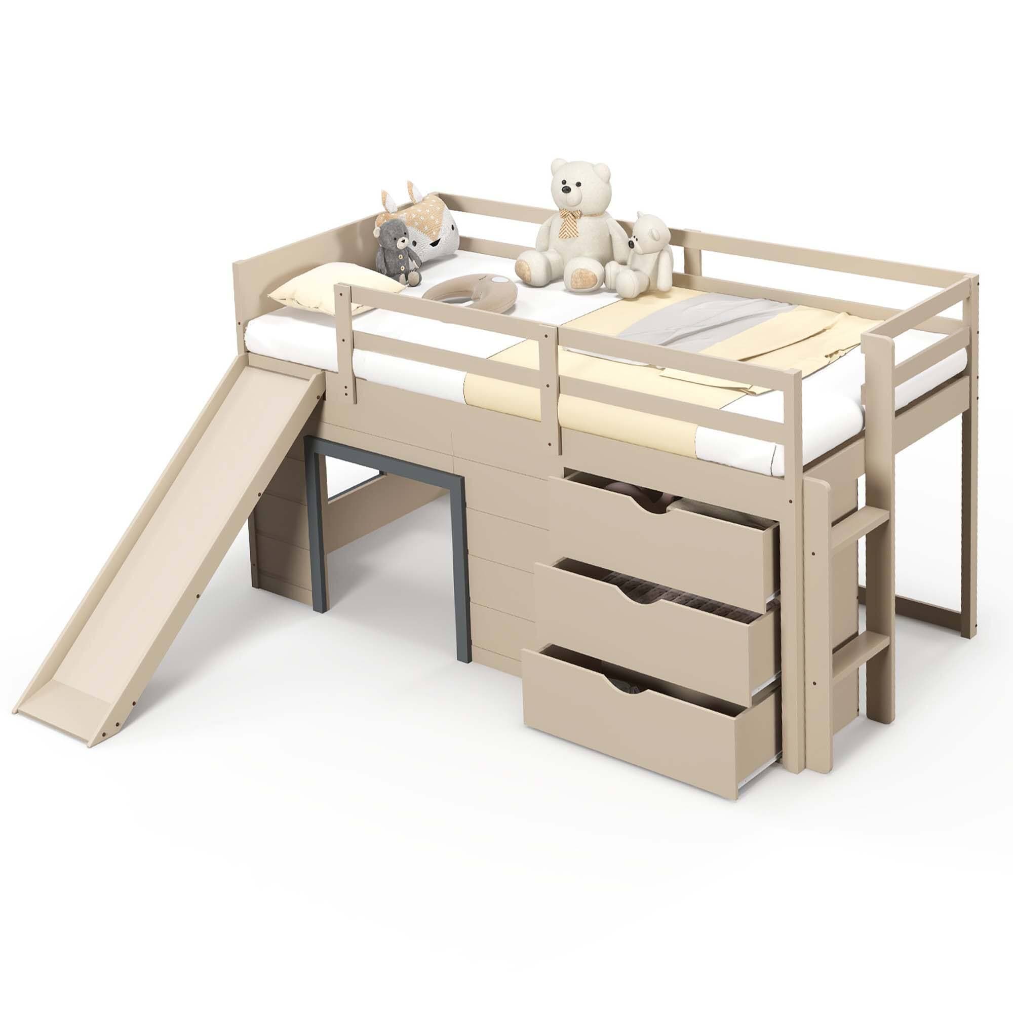 Costway - Twin Low Loft bed with Slide Ladder Storage Drawers Play Game Space Wooden - Beige,Gray