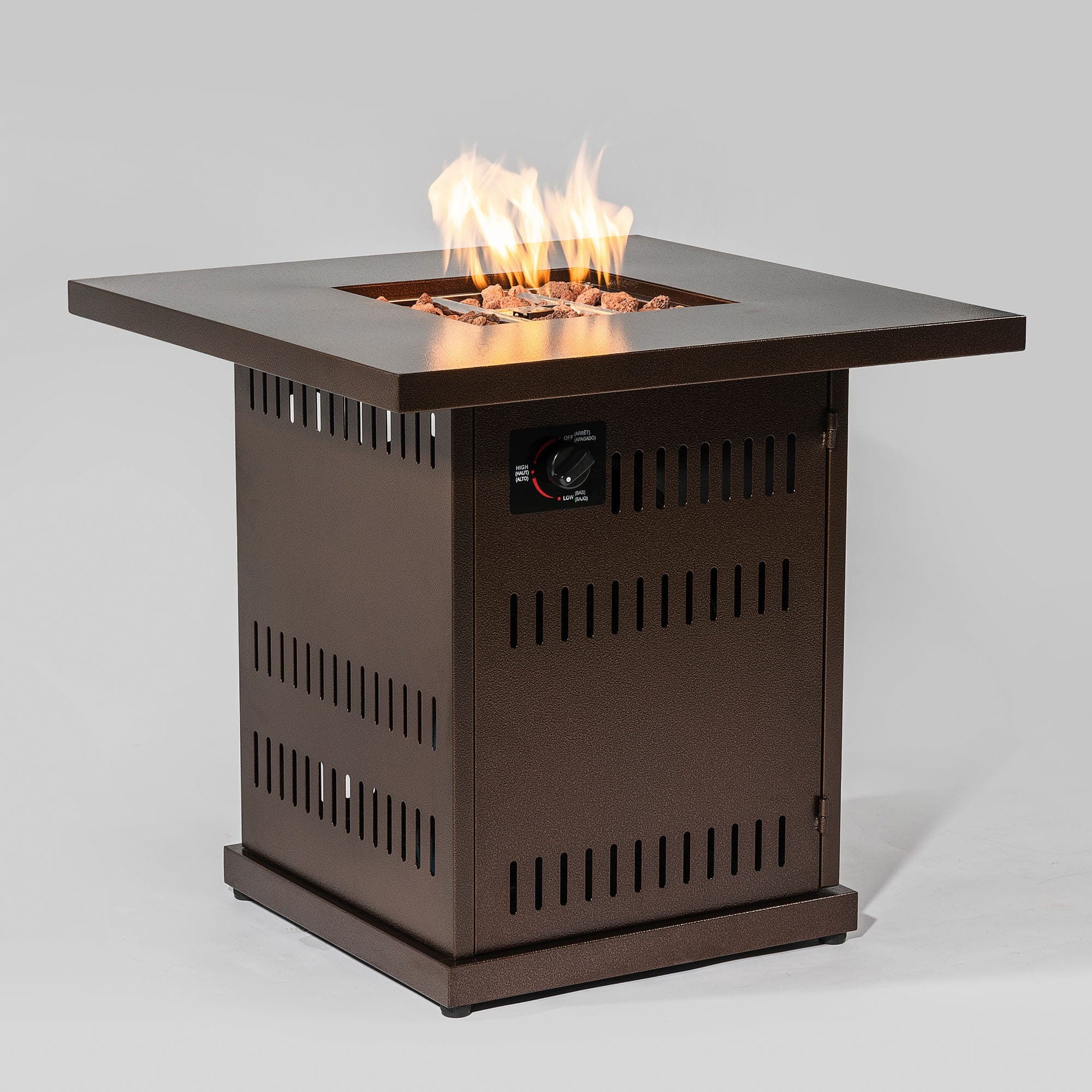 Glintex - 28-Inch Propane Fire Pit Table with Lid, 50,000 BTU Steel Patio Heater with Lava Rocks and Adjustable Flame - Brown