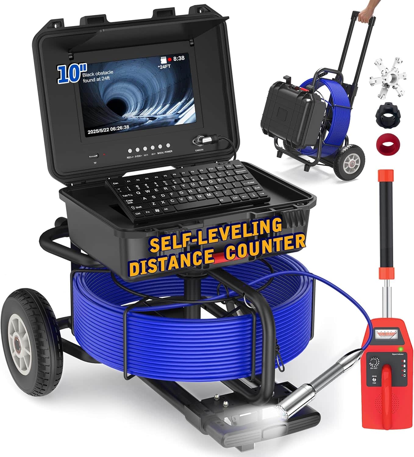 Aukfa - Sewer Camera with Locator - 10" HD Borescope, Self-Leveling, IP68, 250Ft 7MM Cable, DVR, 5X Zoom