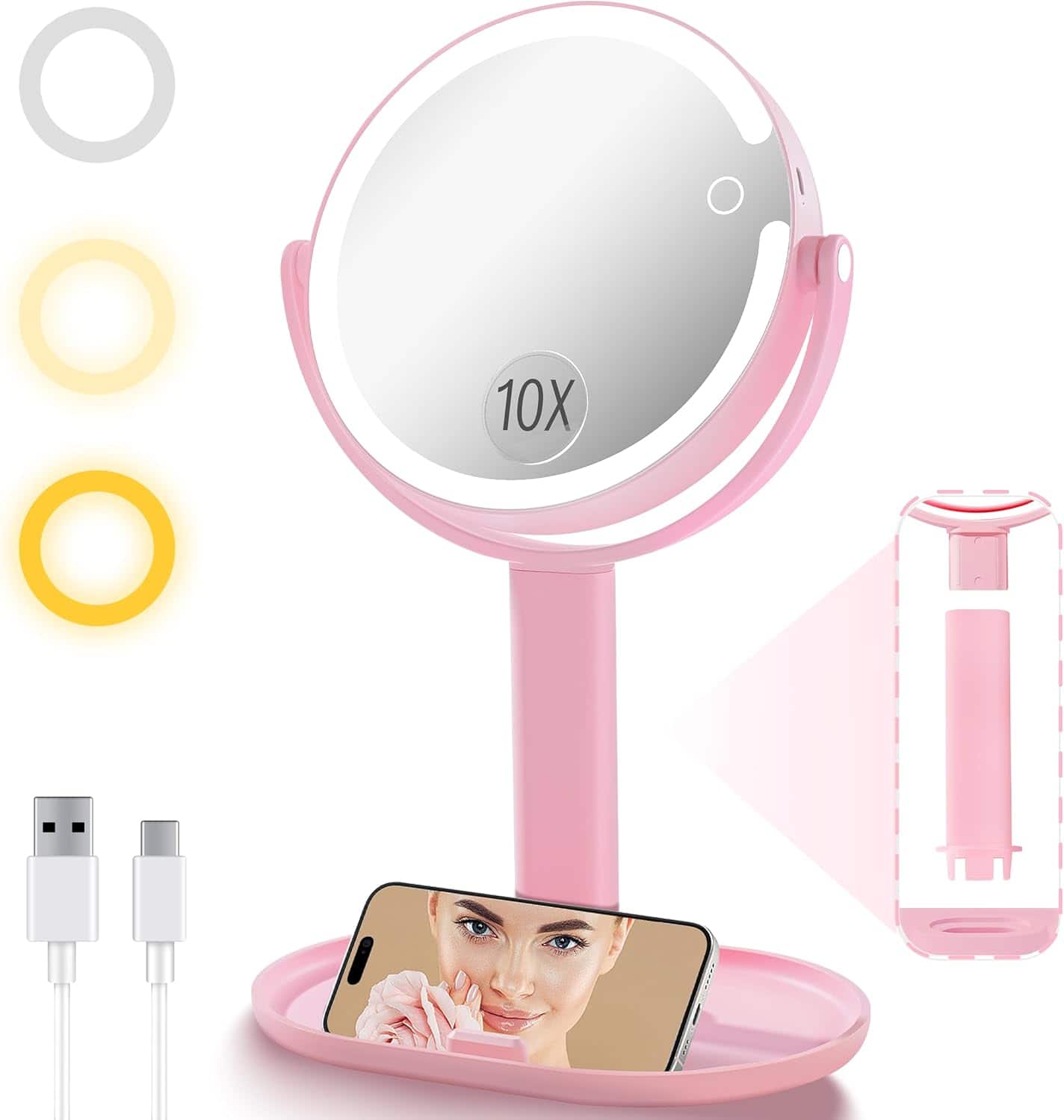 Stamp n Camp - Vanity Makeup Mirror with Lights, 10X/1X Double Sided Magnifying Light up Desk Stand Cosmetic Organizer, 3 Color 360° - Pink-10x