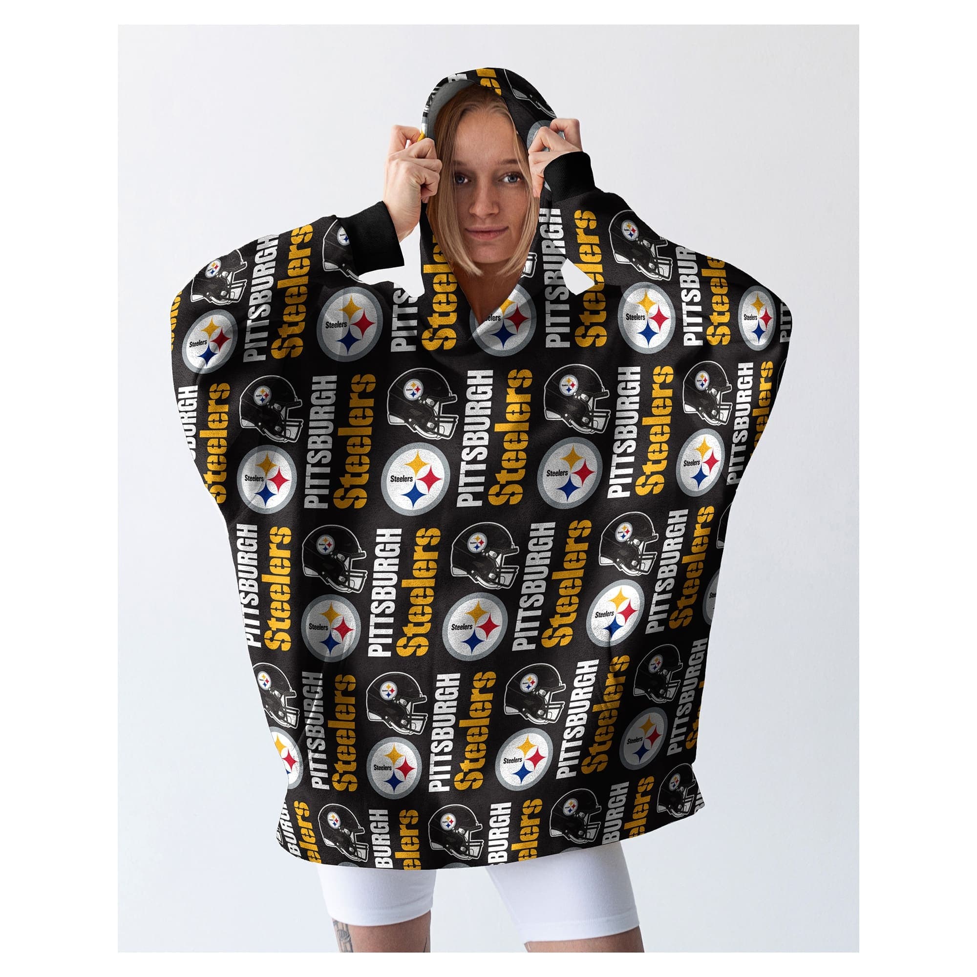 Pegasus - Pittsburgh Steelers Homefield Repeat Logo Wearable Hooded Blanket - Multicolor