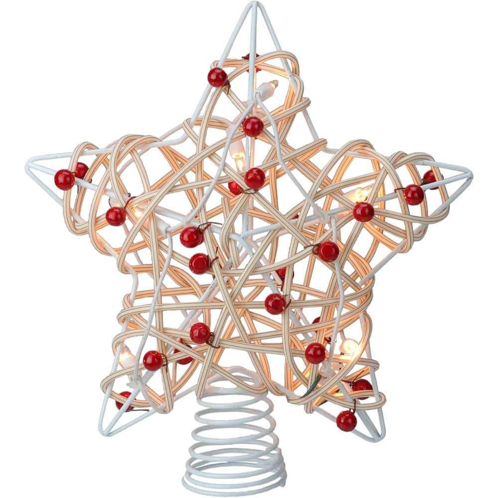 ACJPR - Birch Rattan Star Tree Topper - 11", Holly Berry, Lighted - Tan
