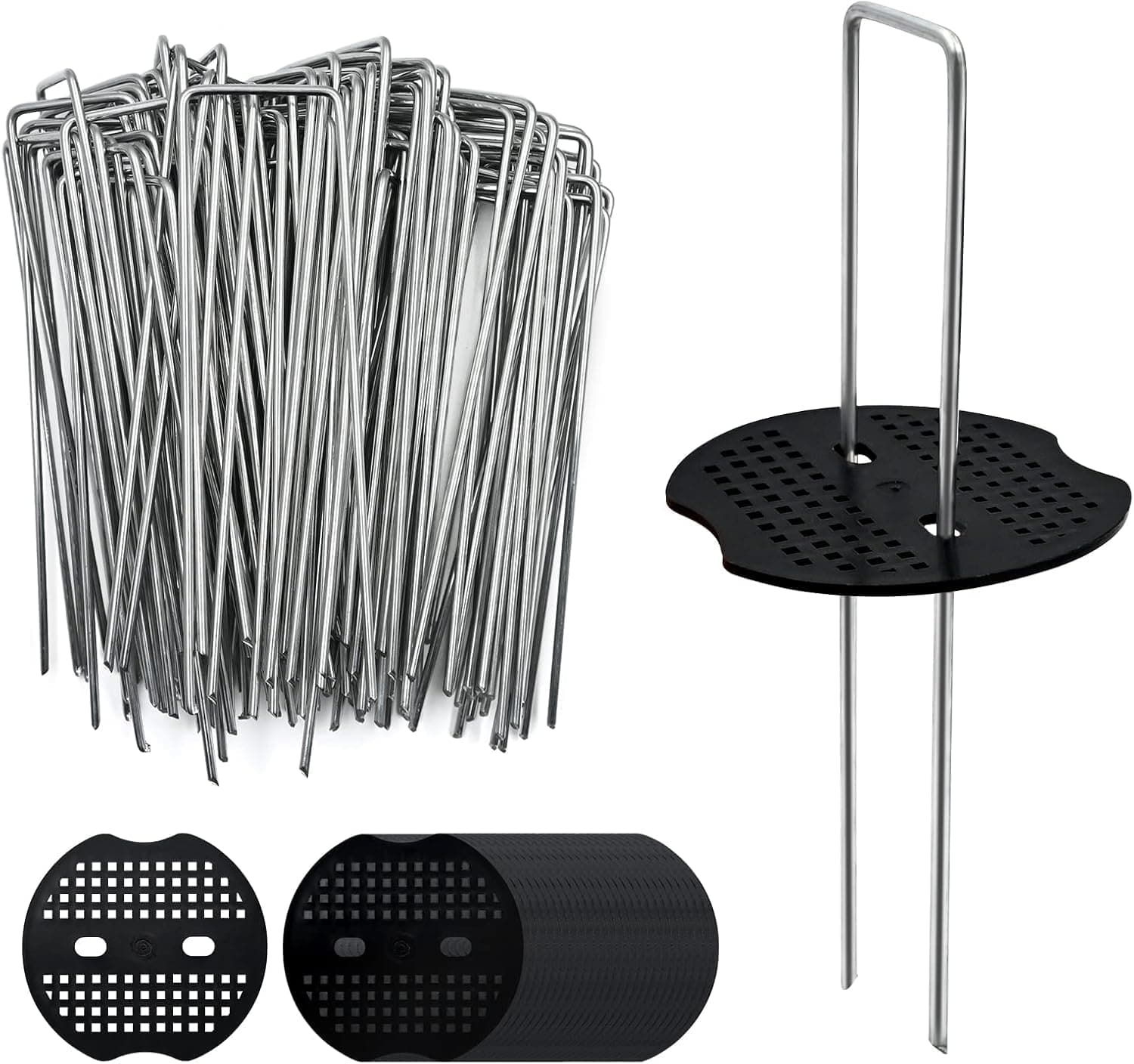 Auledio - 50-piece 4-inch landscape spikes and fixing washers set, garden U-shaped sod spikes for lawns, orchards, and courtyards - Silver
