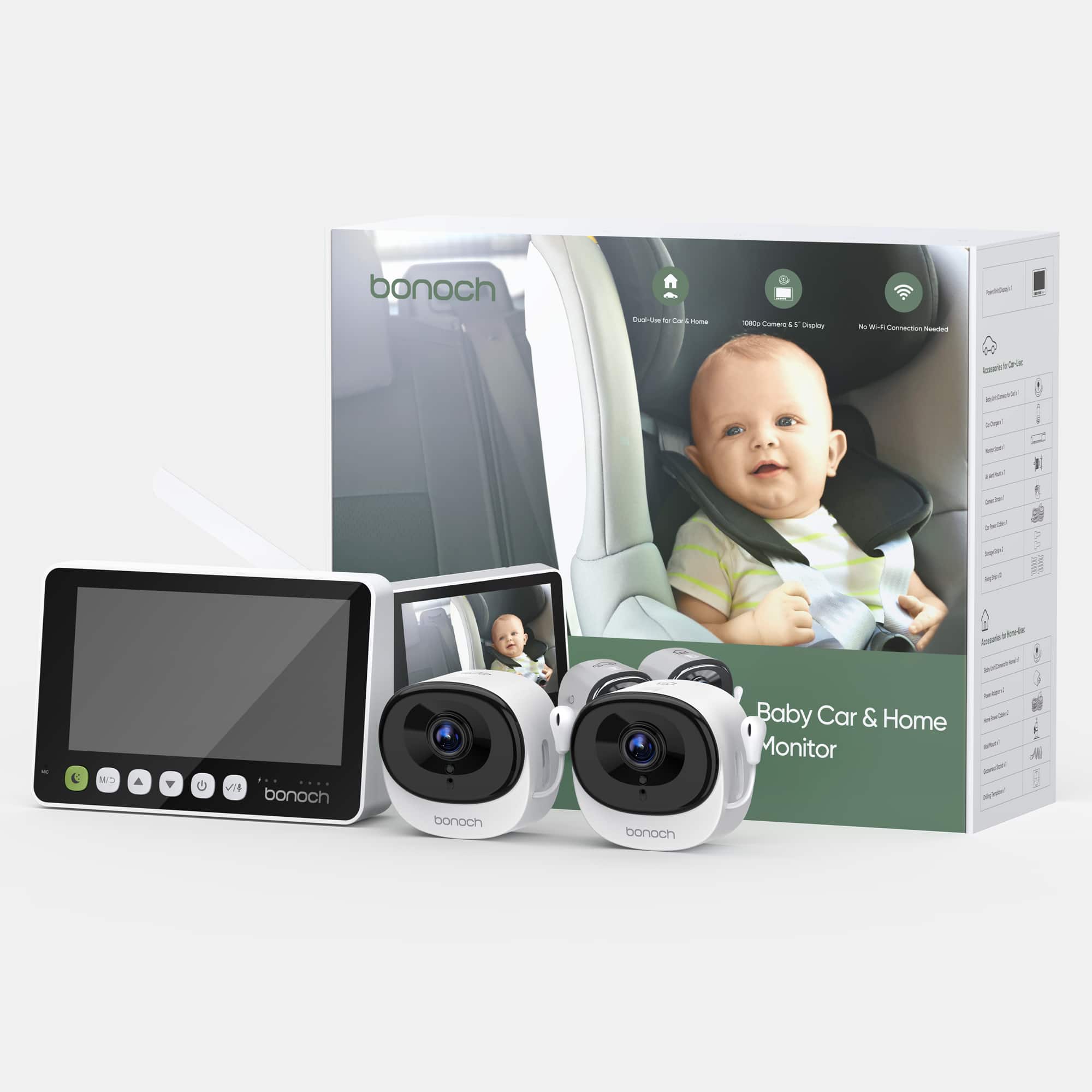 bonoch - 2-in-1 Car Home Dual-Use Baby Monitor, 5" 1080P Wireless Car Cameras - White