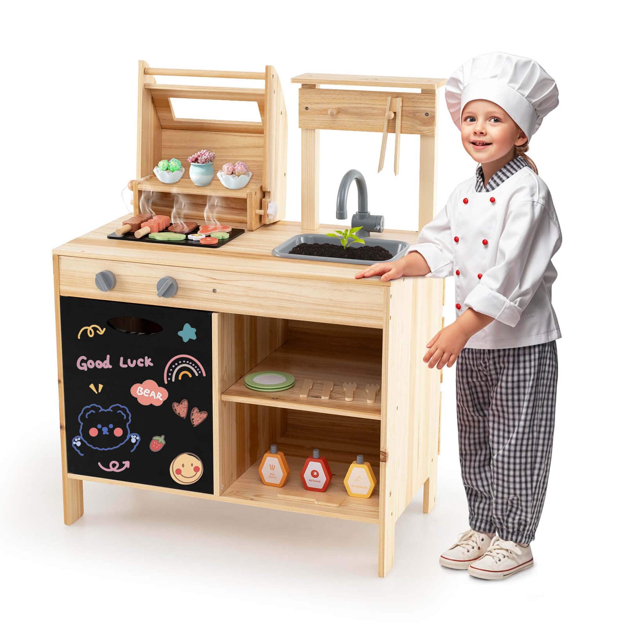 Costway - Wooden Barbecue Grill Playset with Play Food Grilling Tools & Accessories - Natural