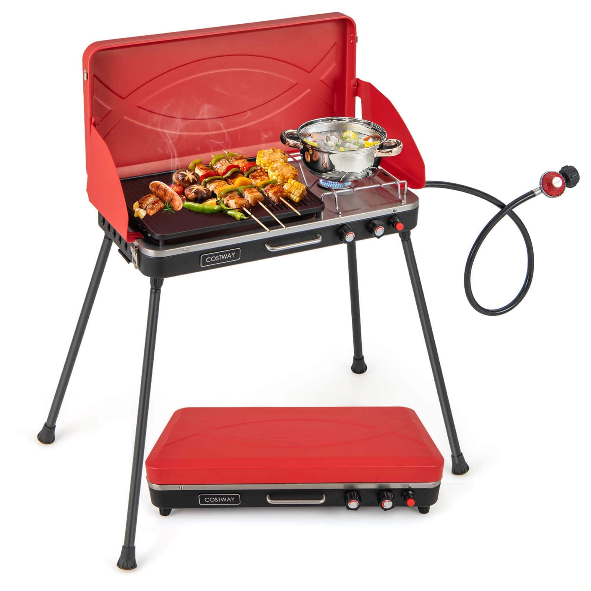 Costway - 2-in-1 Propane Grill 2 Burner Camping Gas Stove Portable with Removable Leg - Red