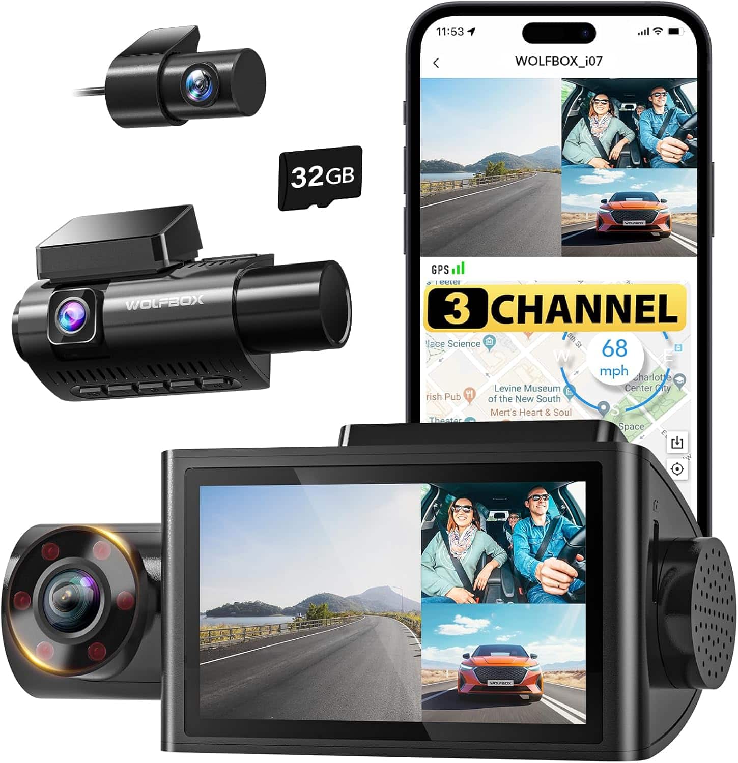 WOLFBOX - 4K 3 Channel Dash Cam, WiFi, GPS, 32GB Card, IR Night Vision, 3" LCD Screen, 1440P+1080P+1080P Triple Car Camera - Black