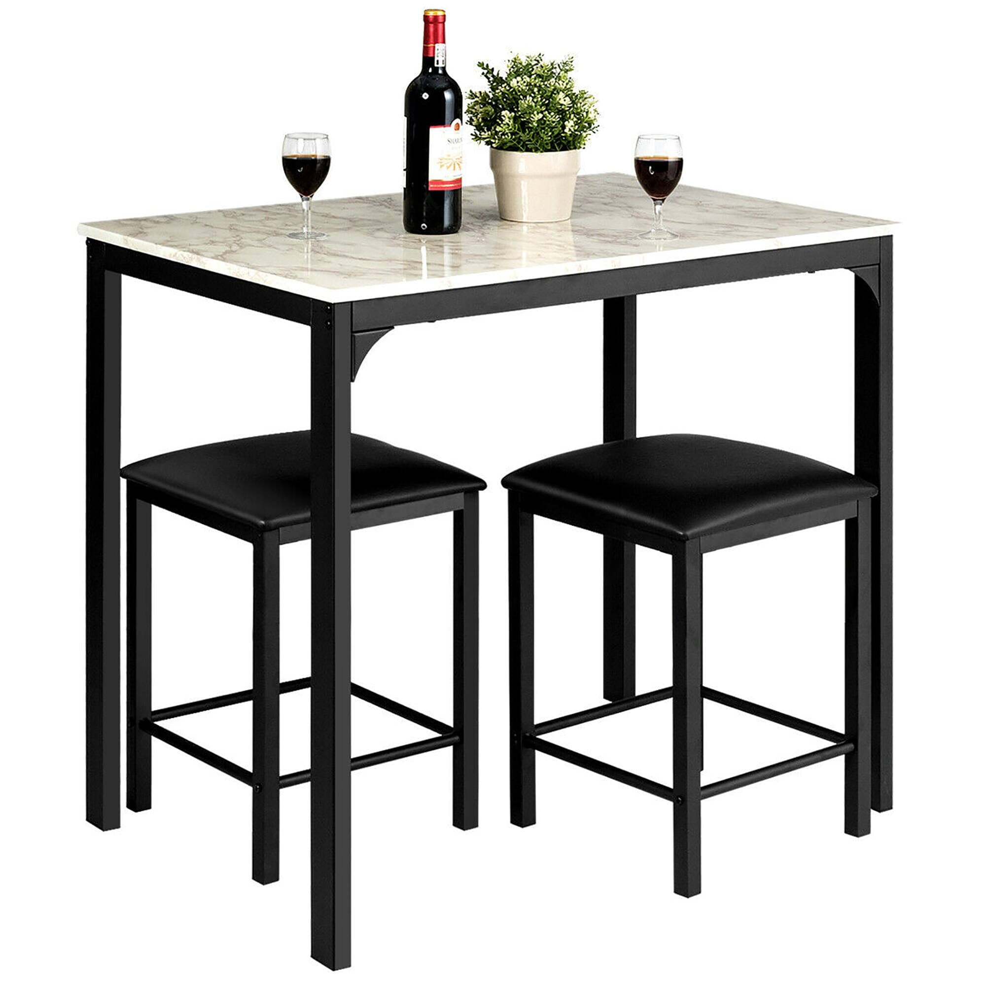 Costway - 3 Piece Counter Height Dining Set Faux Marble Table and 2 Chairs Kitchen Bar - White