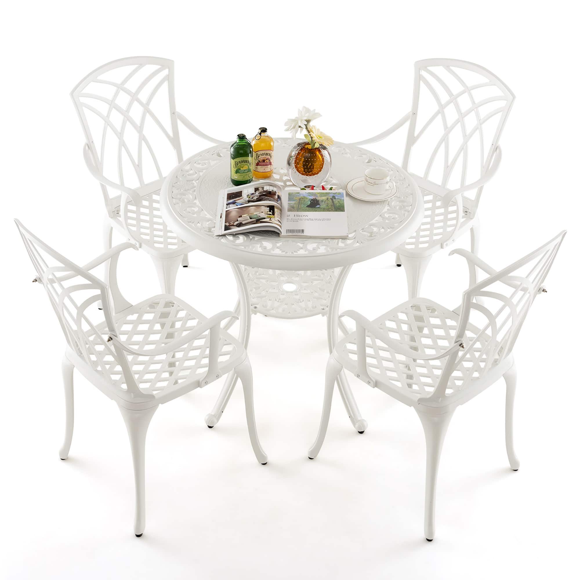 Gymax - 5 Pieces All-Weather Outdoor Cast Aluminum Dining Set Round Dining Table - White