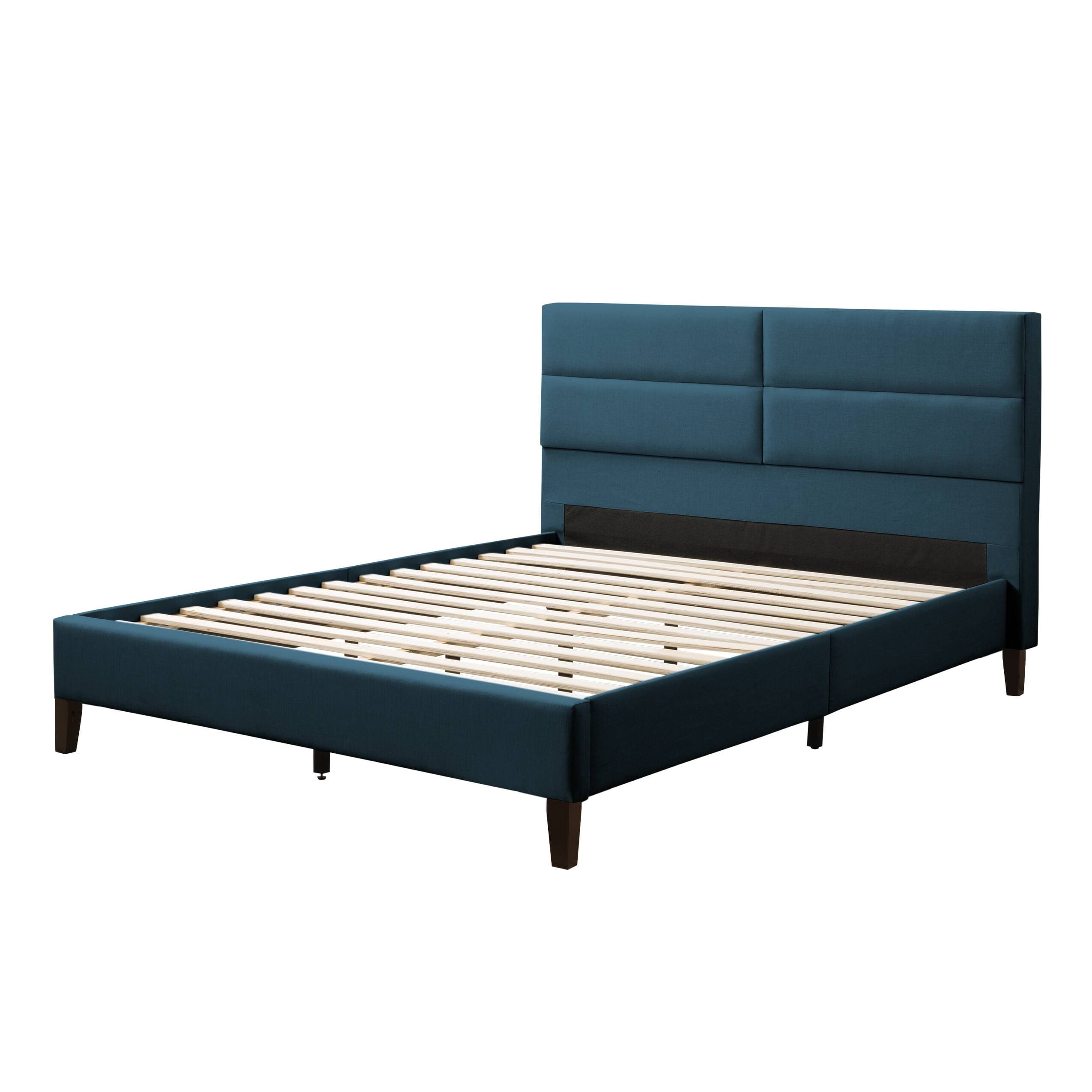 CorLiving - Emerson Ocean Blue Upholstered Queen Platform Bed Frame with Rectangle Tufted Headboard and Slats - Ocean Blue